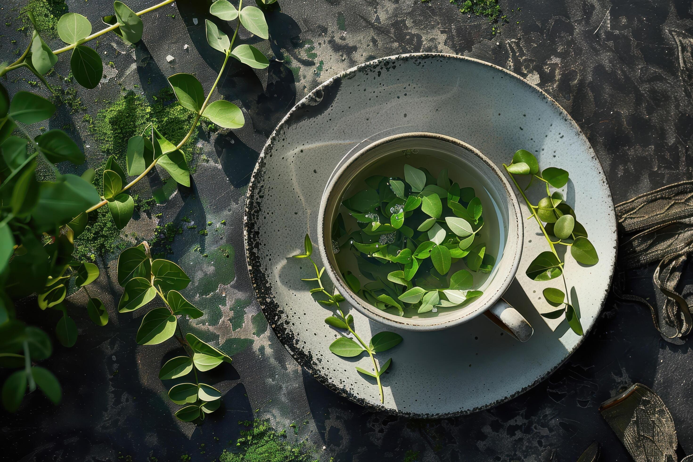 A Cup of Herbal Tea with Green Leaves on a Rustic Background Stock Free