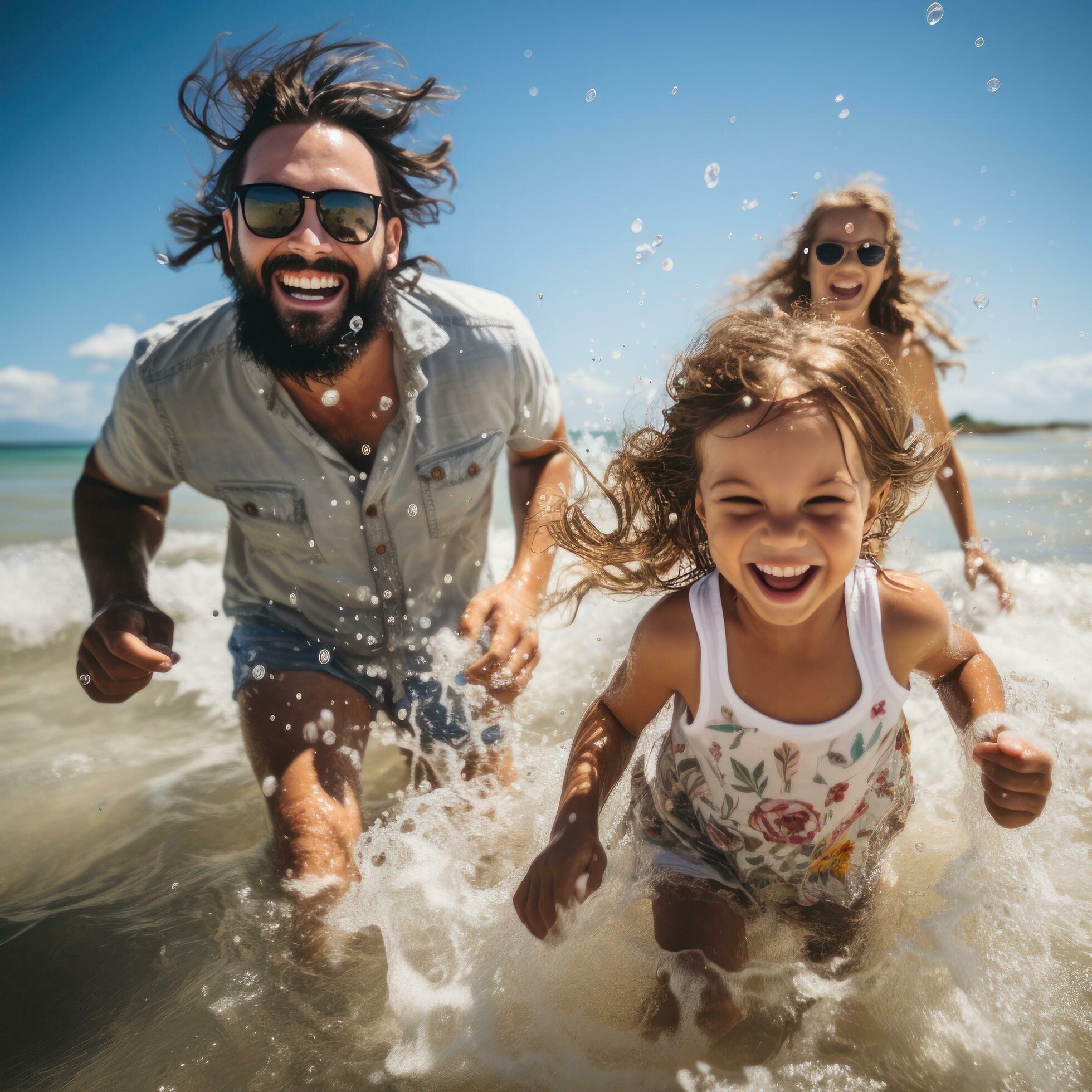 Playful family splashing and swimming in the clear blue water Stock Free