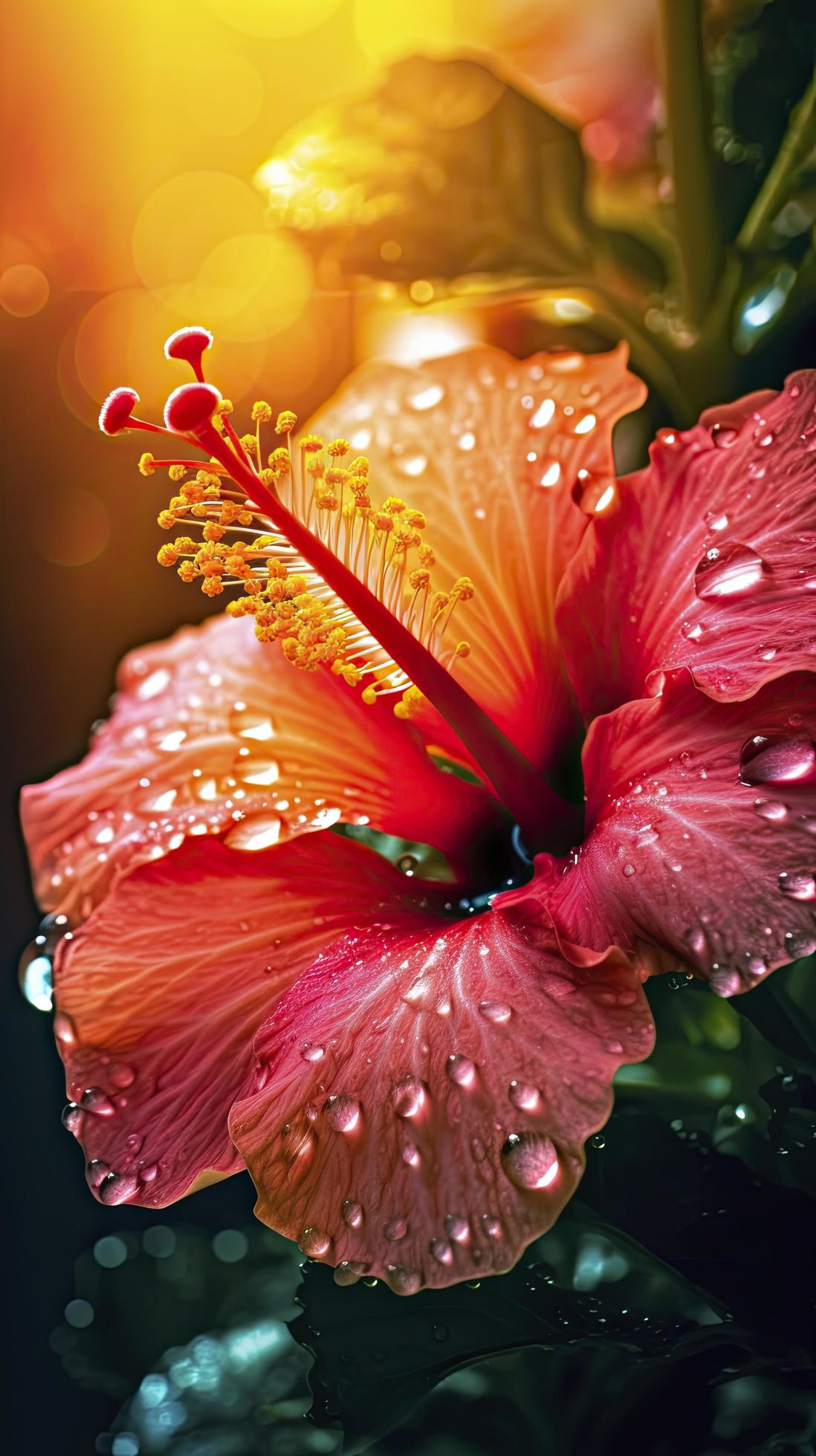 hibiscus flower with water drops with random background, sun rise, Generate Ai Stock Free