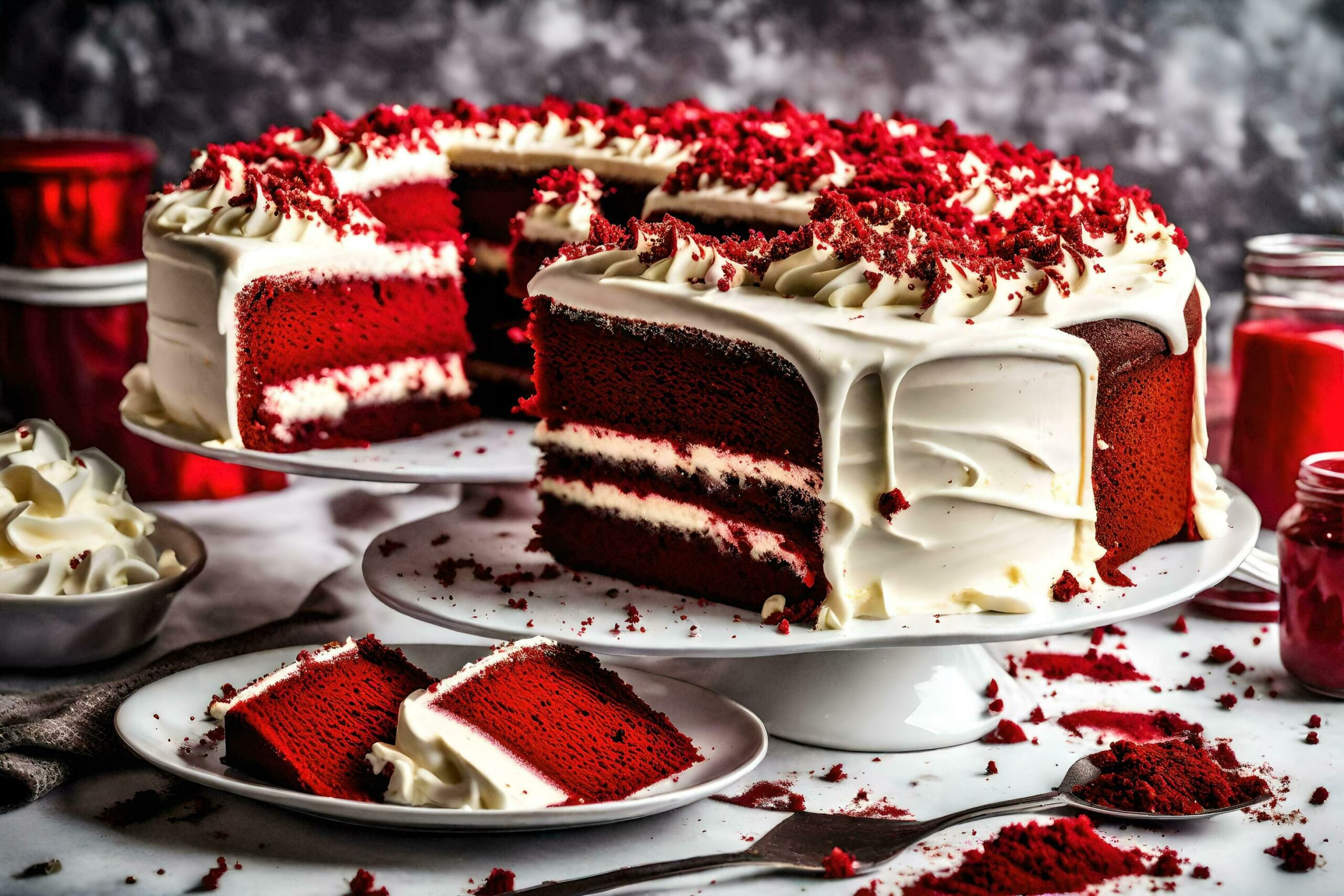 red velvet cake with white frosting and red sprinkles Free Photo