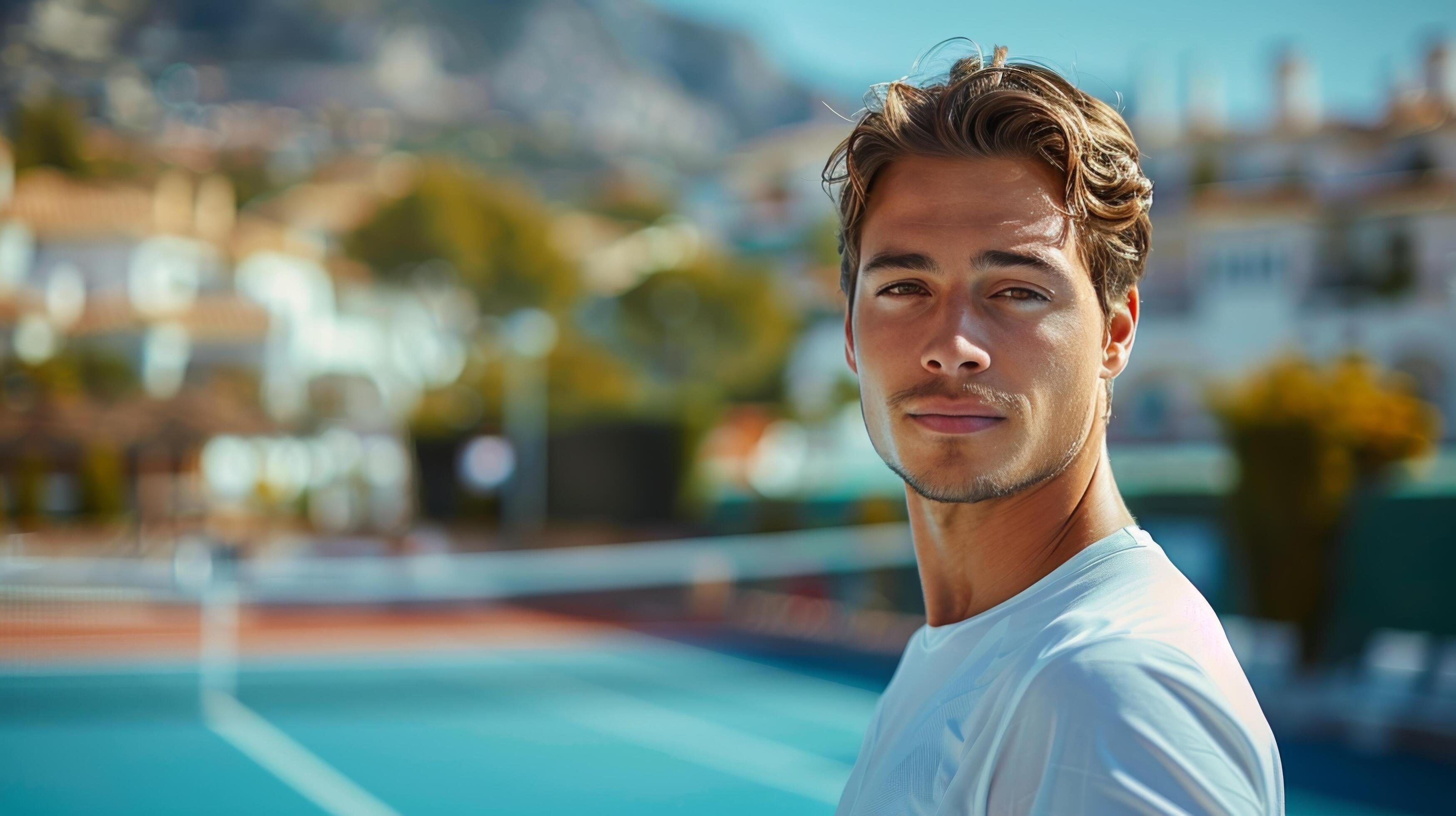 Man Standing On A Tennis Court With A City View In The Background Stock Free