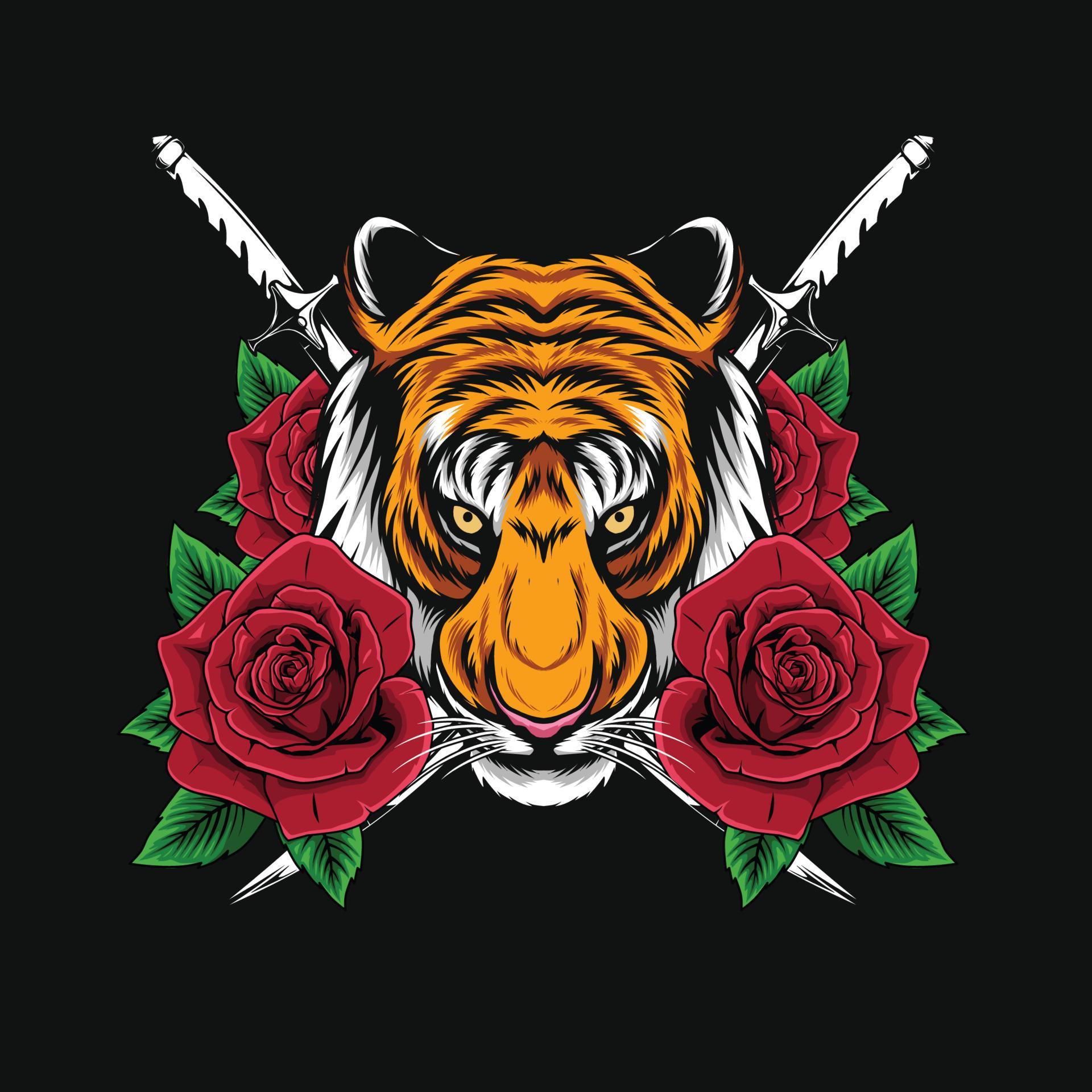 tiger head and flower illustration Stock Free