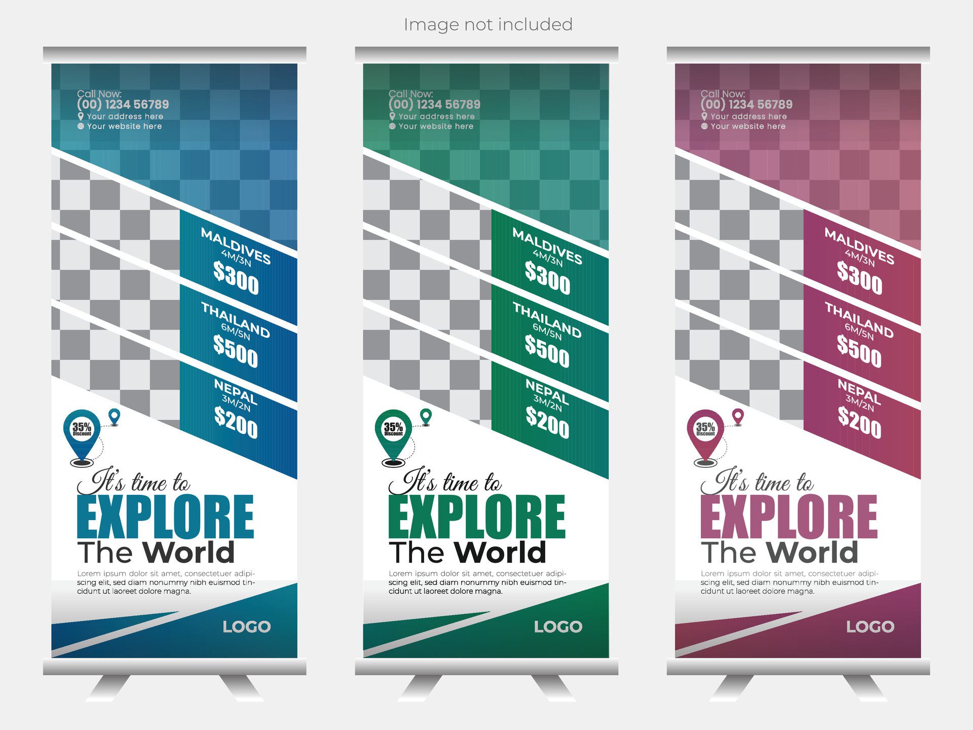 Stylist travel rollup banner design with multi color variation Free Vector