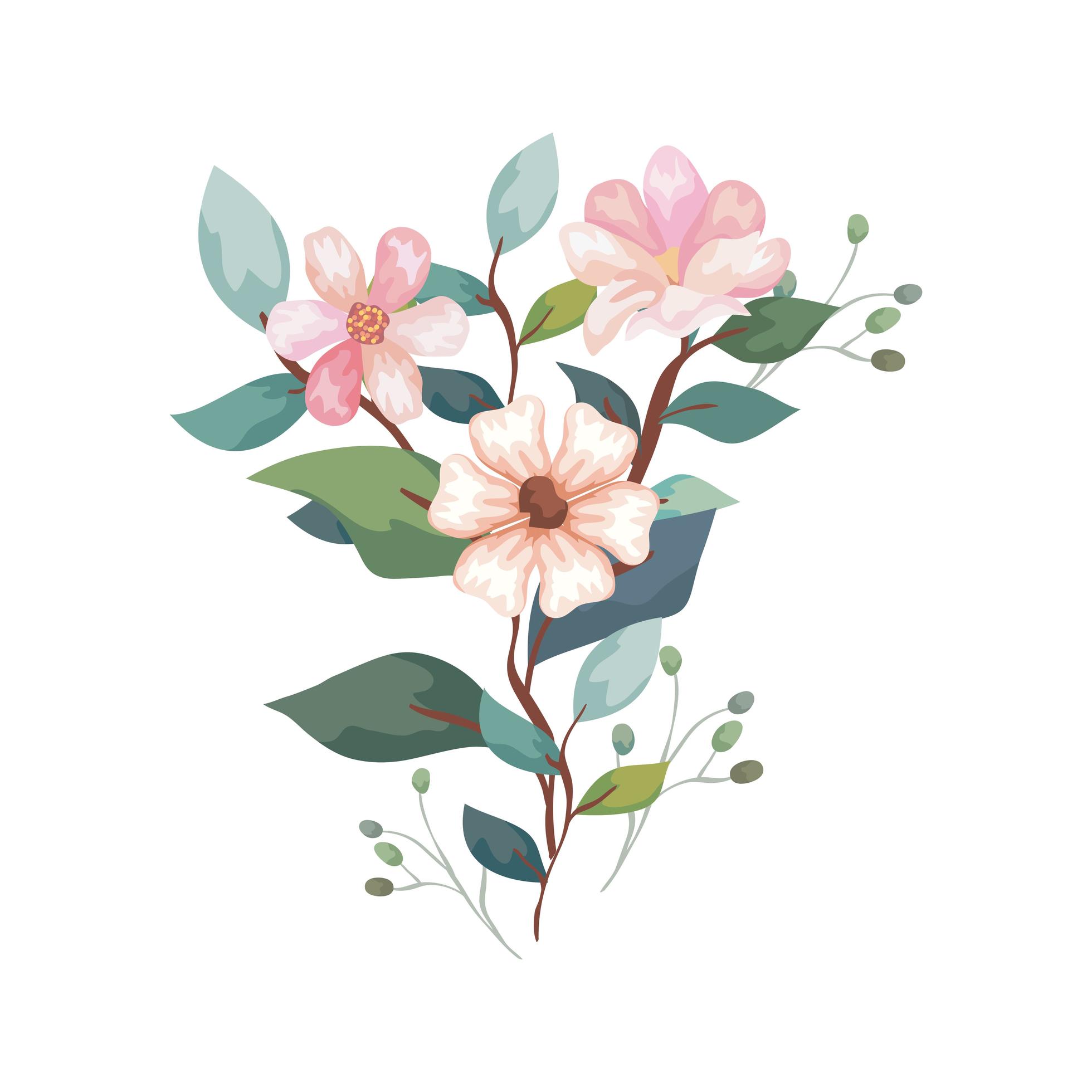 cute flowers with branches and leafs isolated icon Stock Free