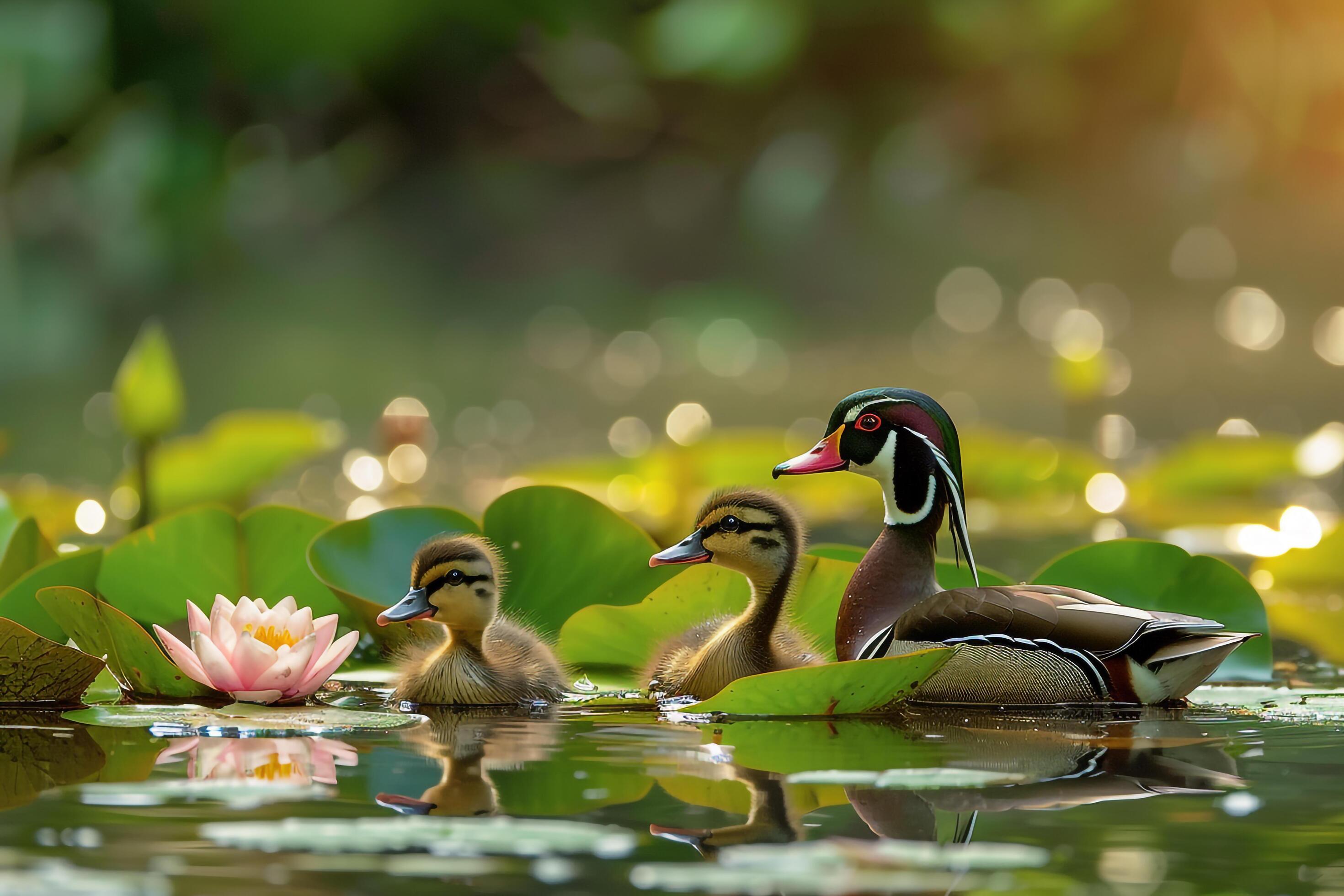 Wood Duck Family Swimming Among Lily Pads Background Nature Stock Free