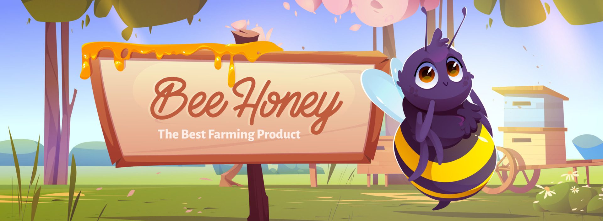 Banner with cute honey bee near wooden signboard Free Vector