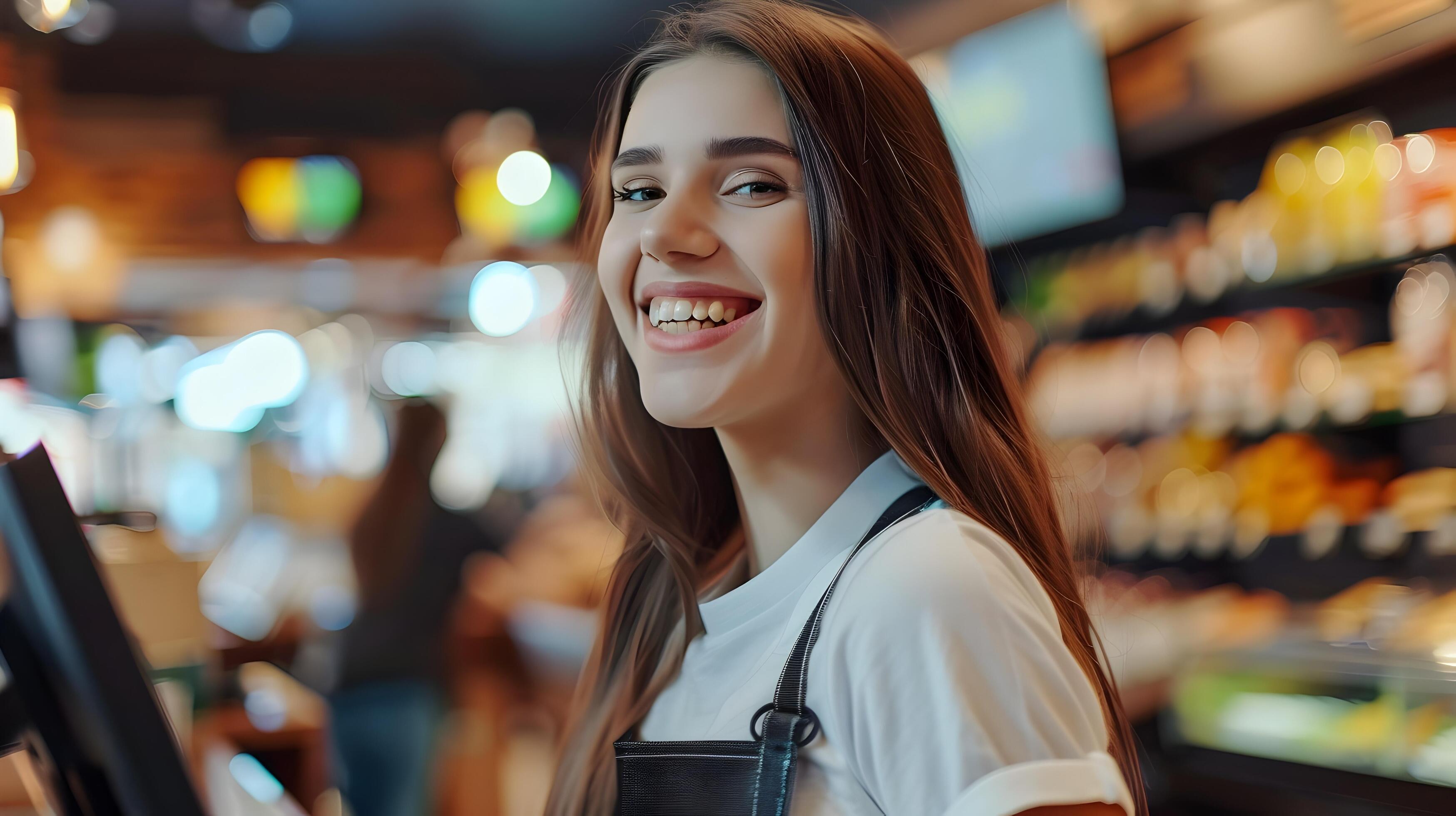 Cheerful Retail Employee Assisting Customer in Grocery Store Stock Free