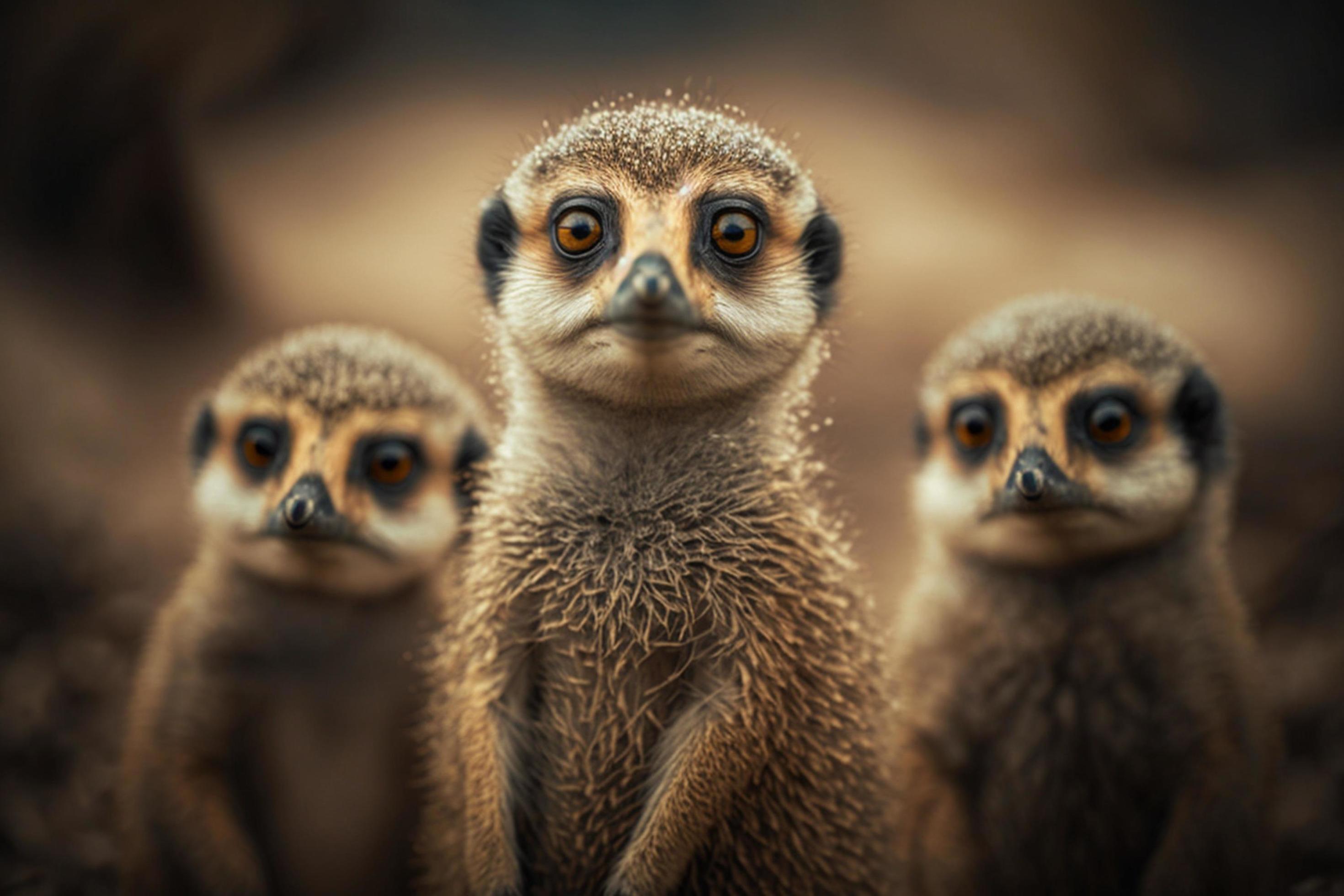 A family of meerkats standing upright and looking around Stock Free