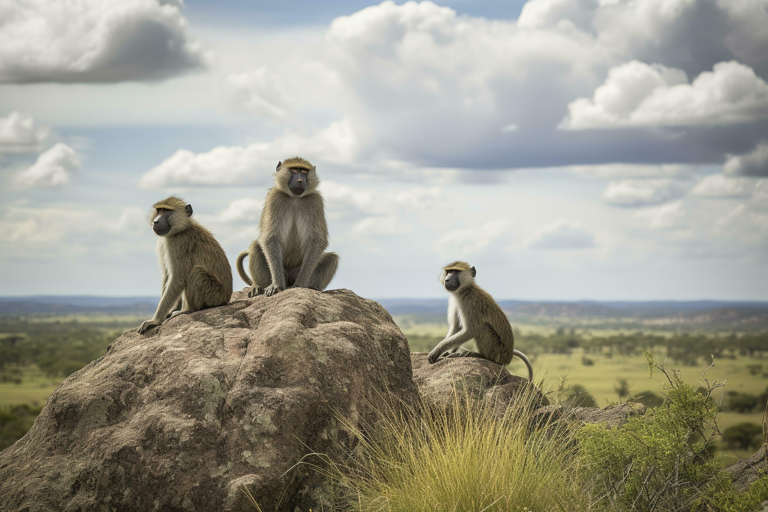 A family of baboons perched on a rocky outcropping in a savanna landscape, generate ai Stock Free