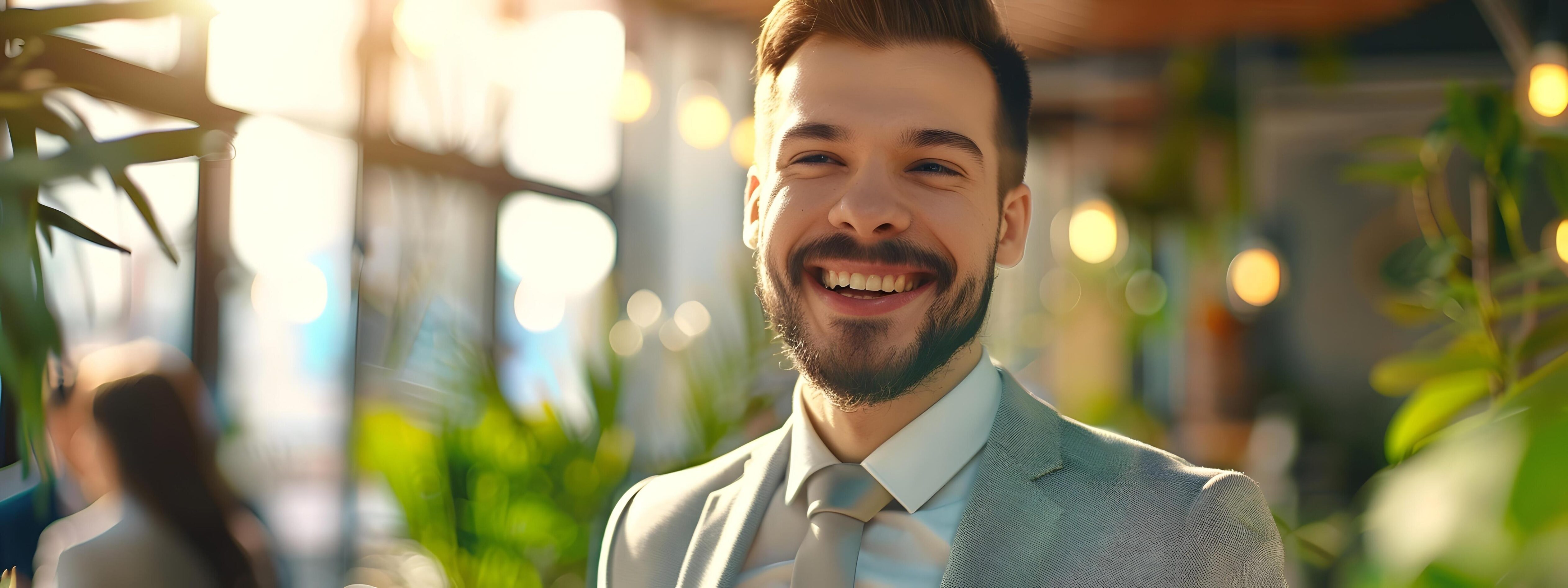 Confident Corporate Professional Smiling in Modern Office Setting Stock Free