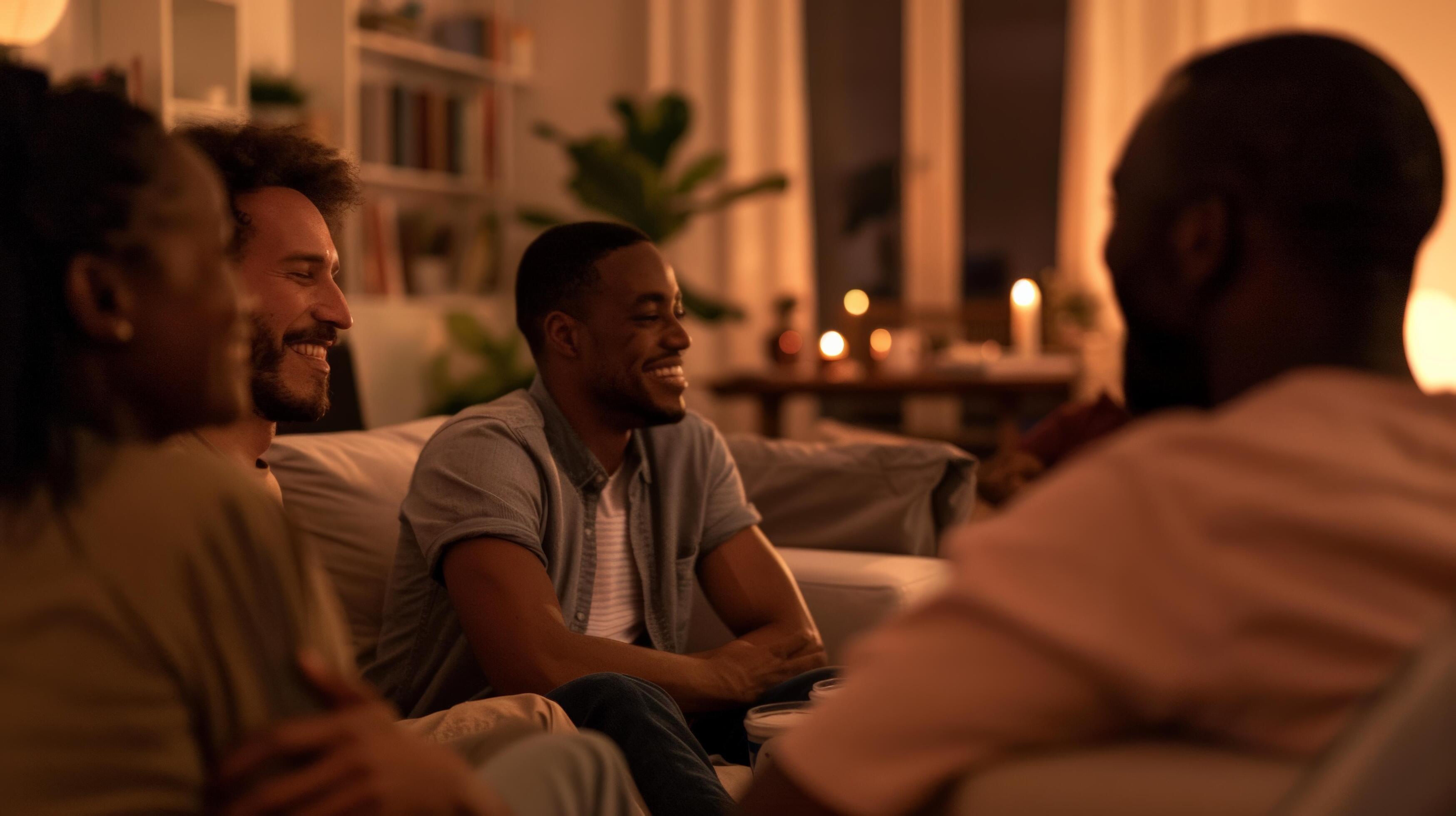 Group of friends enjoying cozy evening at home sitting on the couch and having a friendly conversation in a warmly living room Stock Free