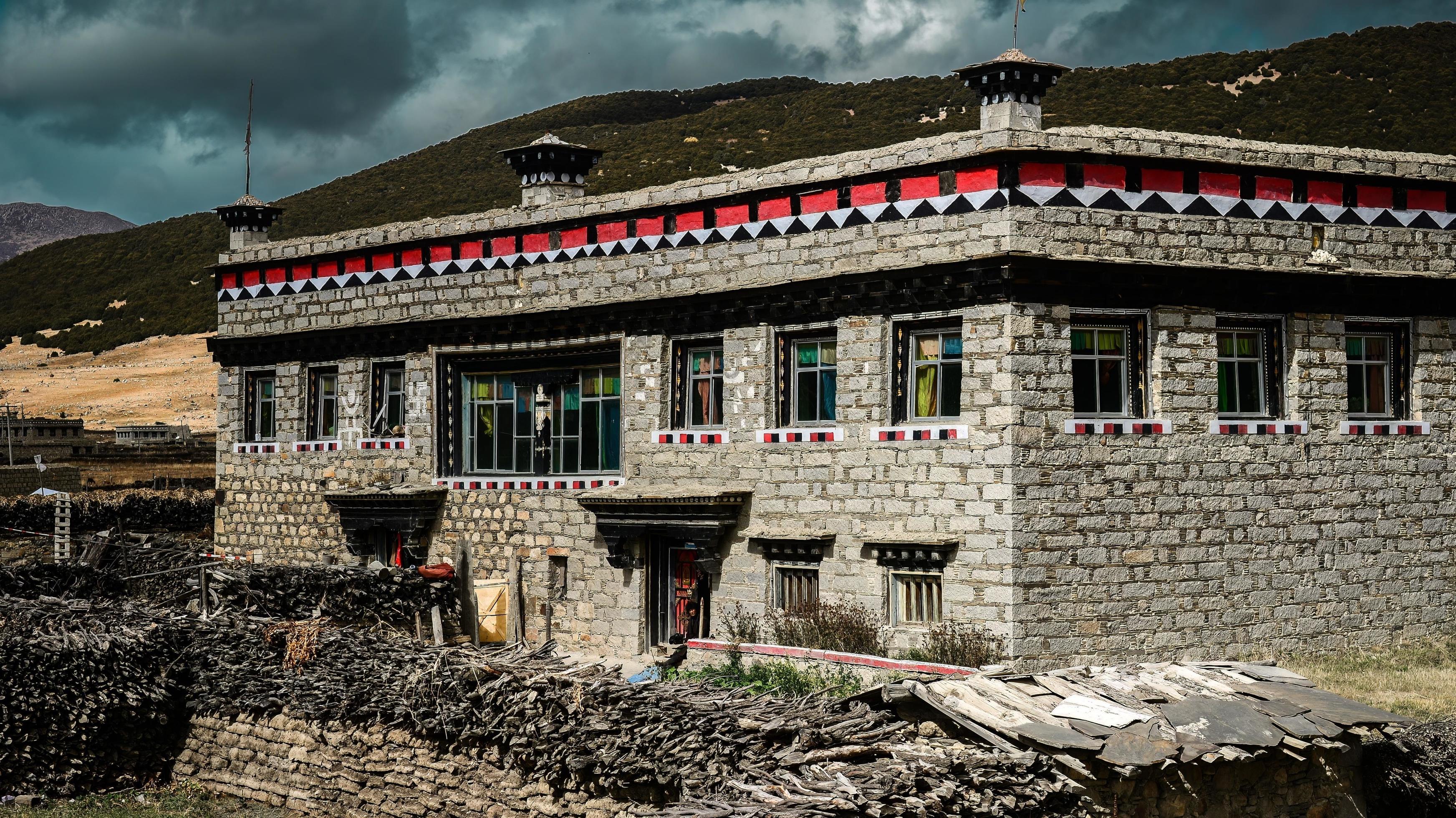 Stone Houses of Alpine Herdsmen in Tibetan Areas of China Stock Free