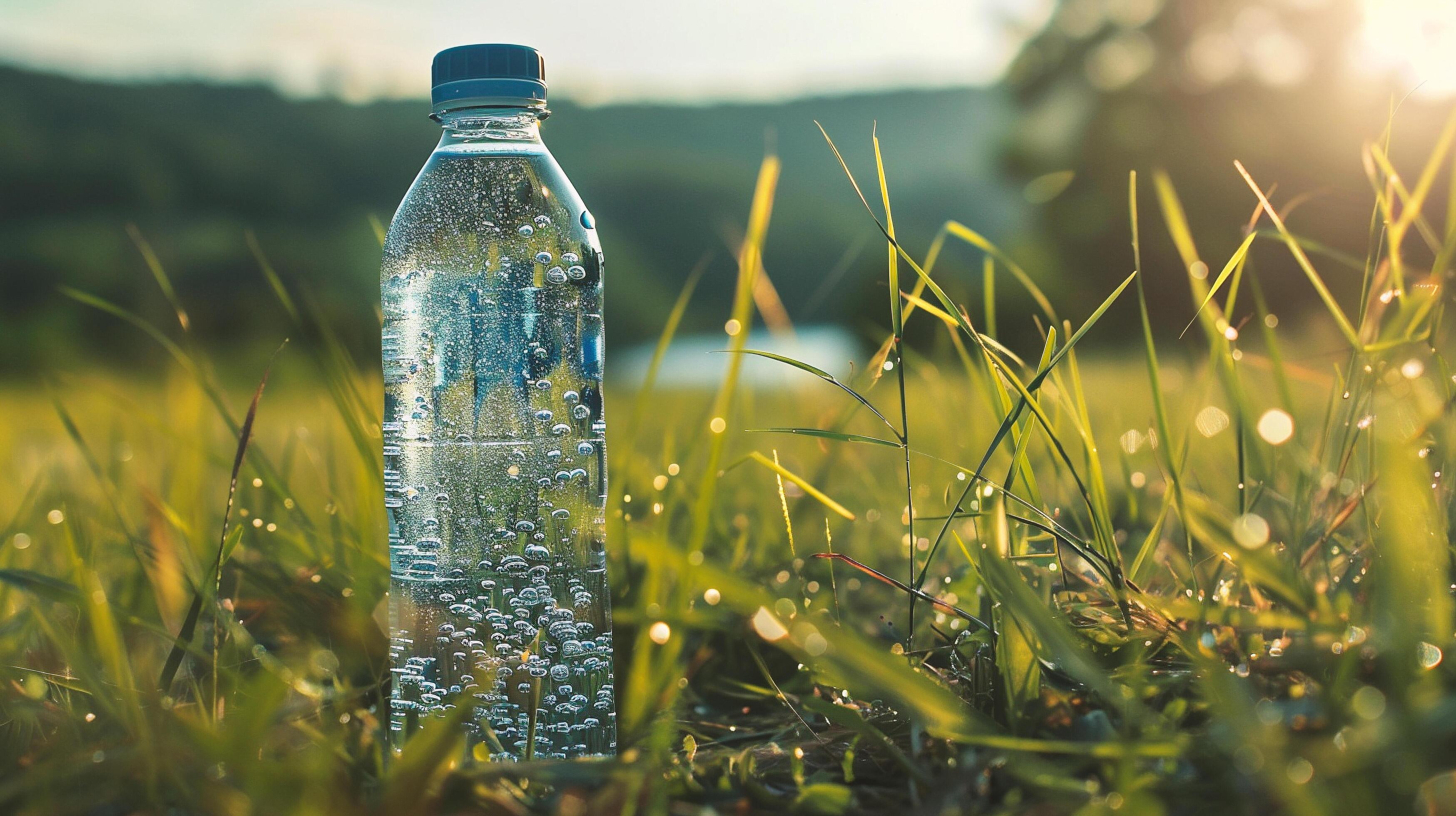 Plastic bottle of water on the grass with sunset in the background Stock Free