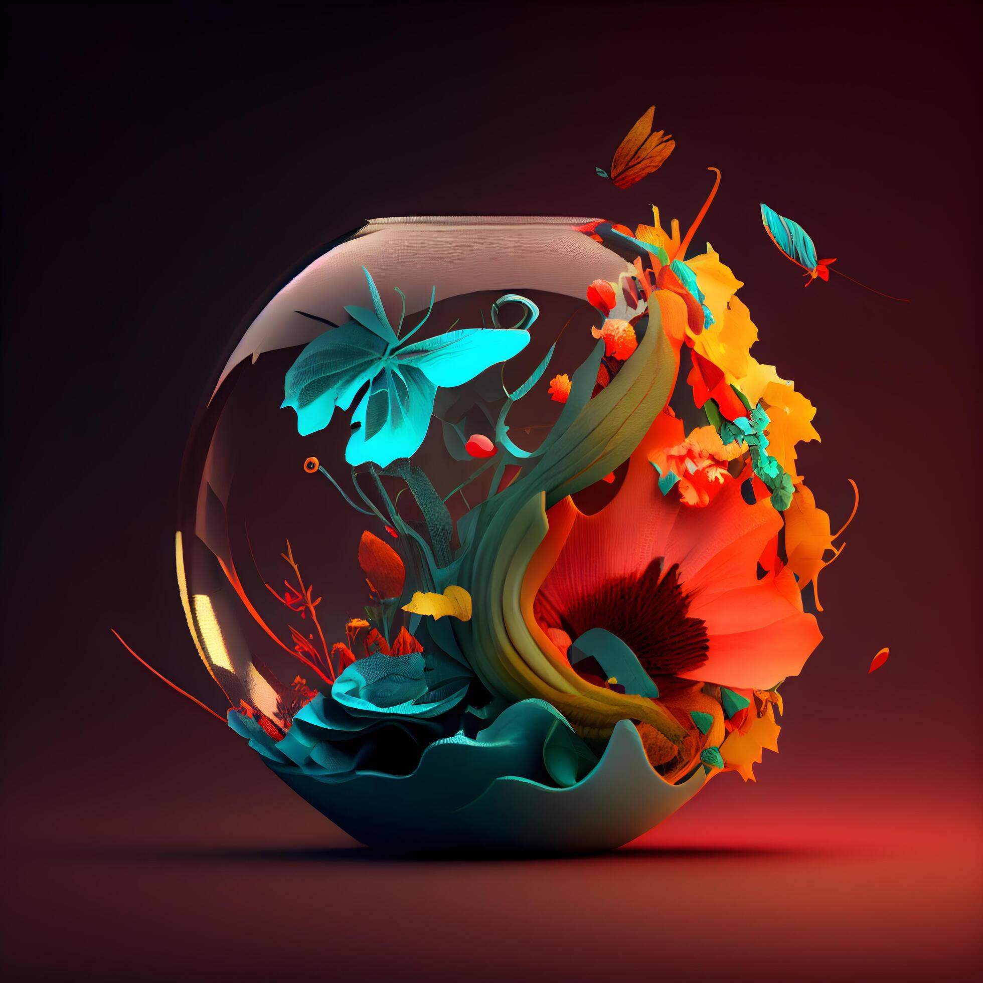 3D illustration of an abstract glass sphere with flowers and butterflies., Image Stock Free