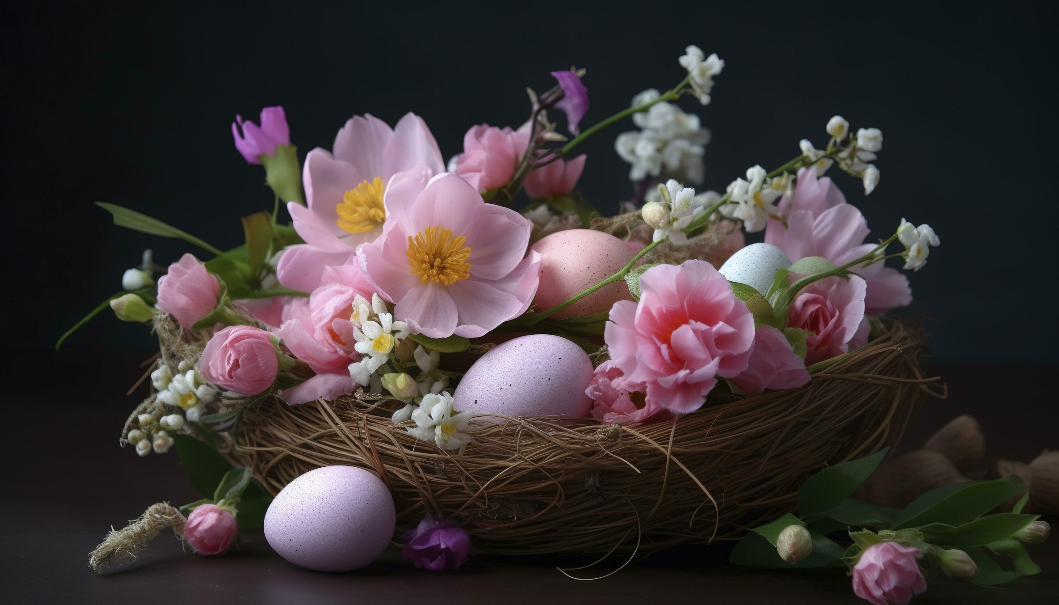 Pink Spring Flower Arrangement, Easter Decoration, generate ai Stock Free