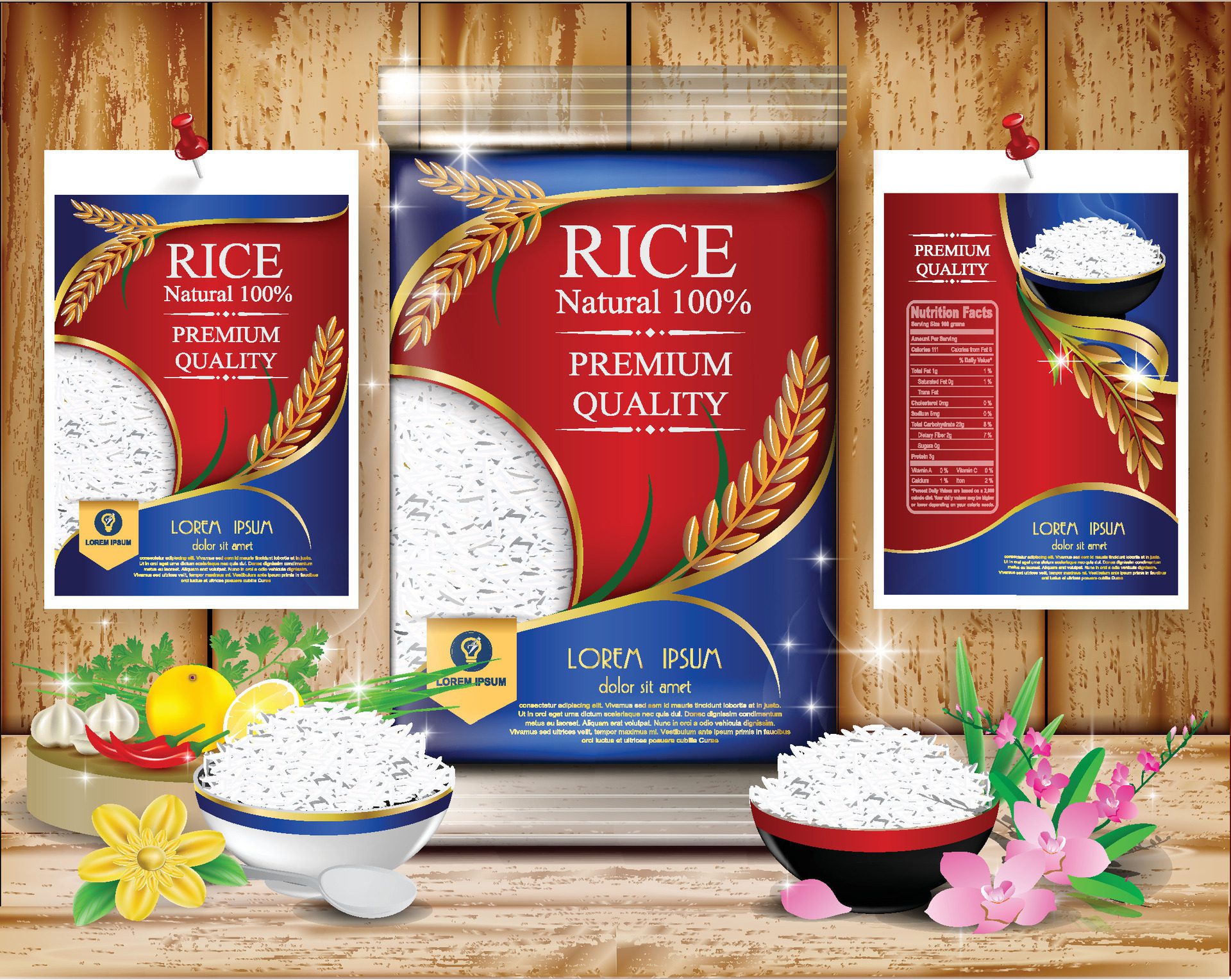 Rice Package food Logo Products and Fabric Arts, banner and poster template Free Vector