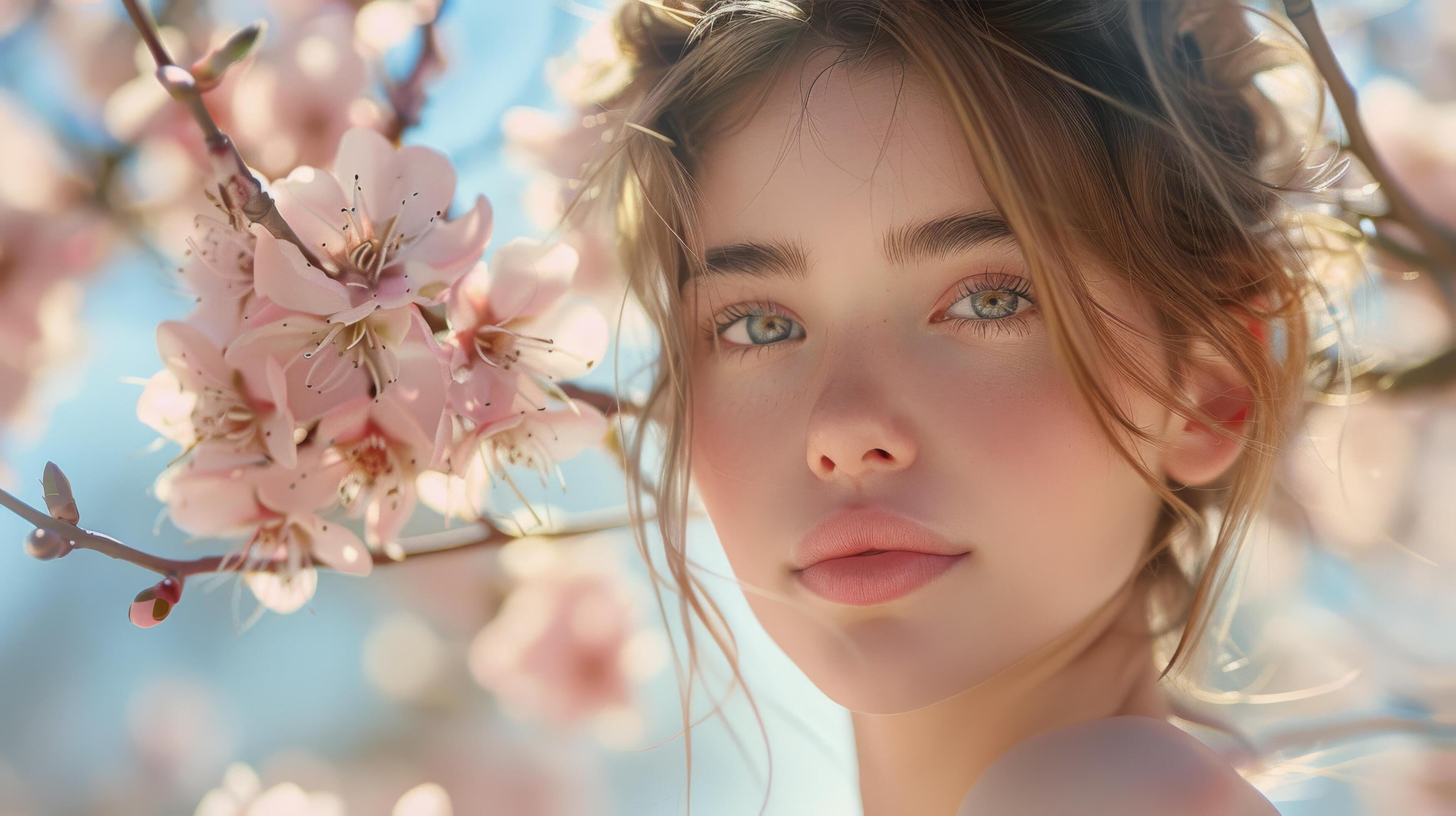 Young Woman Standing Under Blossoming Tree Stock Free