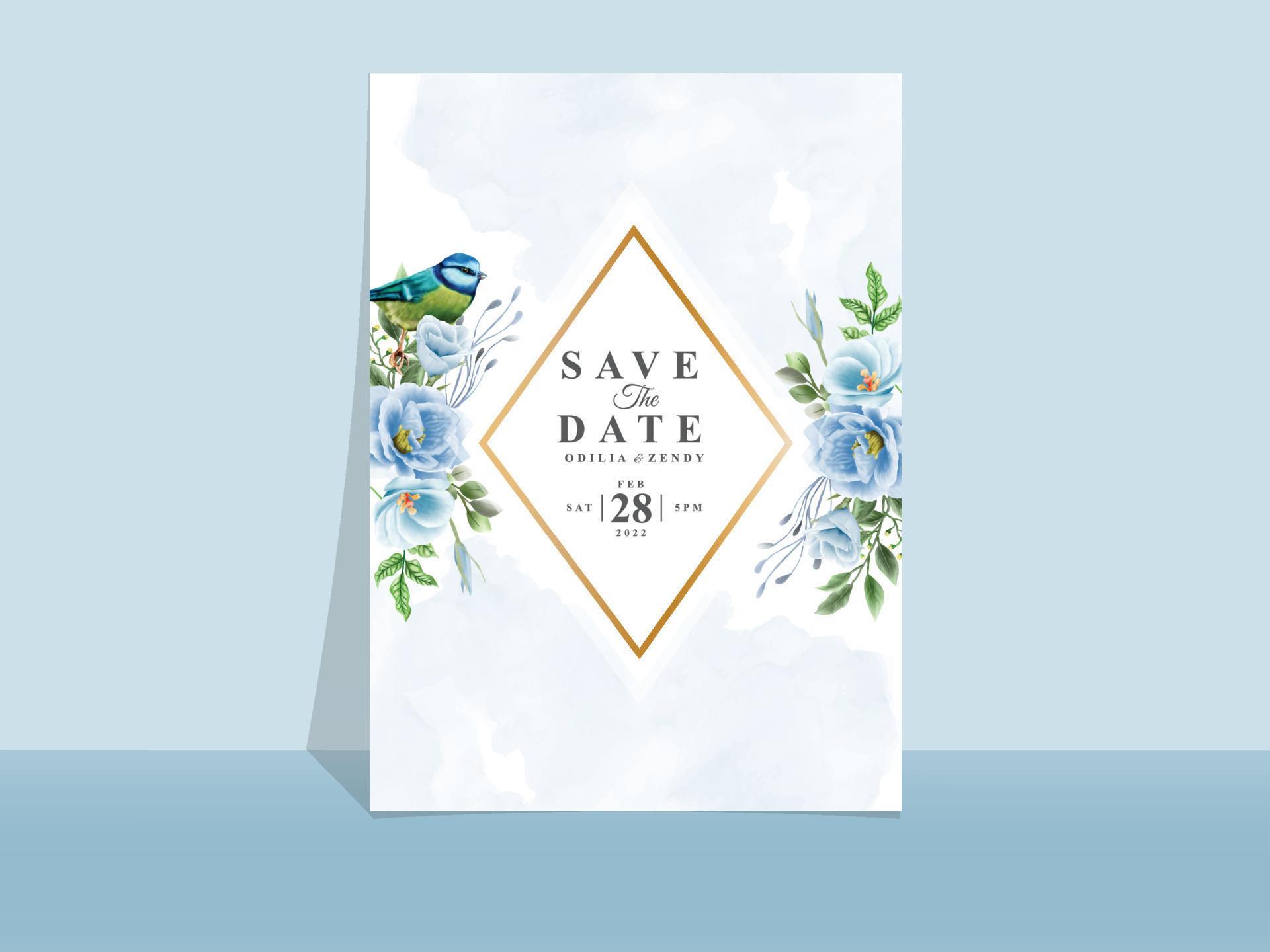 Wedding invitation card template blue flowers theme Stock Free