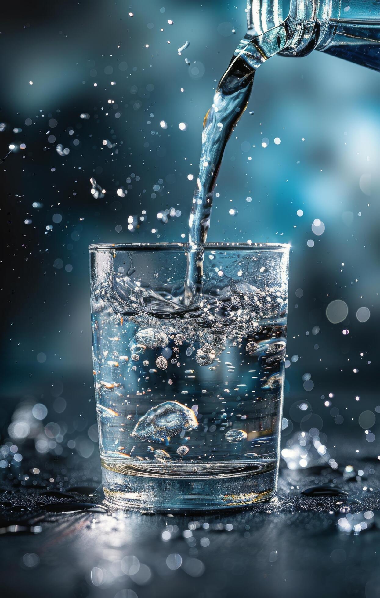 Water Pouring Into Glass on Dark Blue Background Stock Free