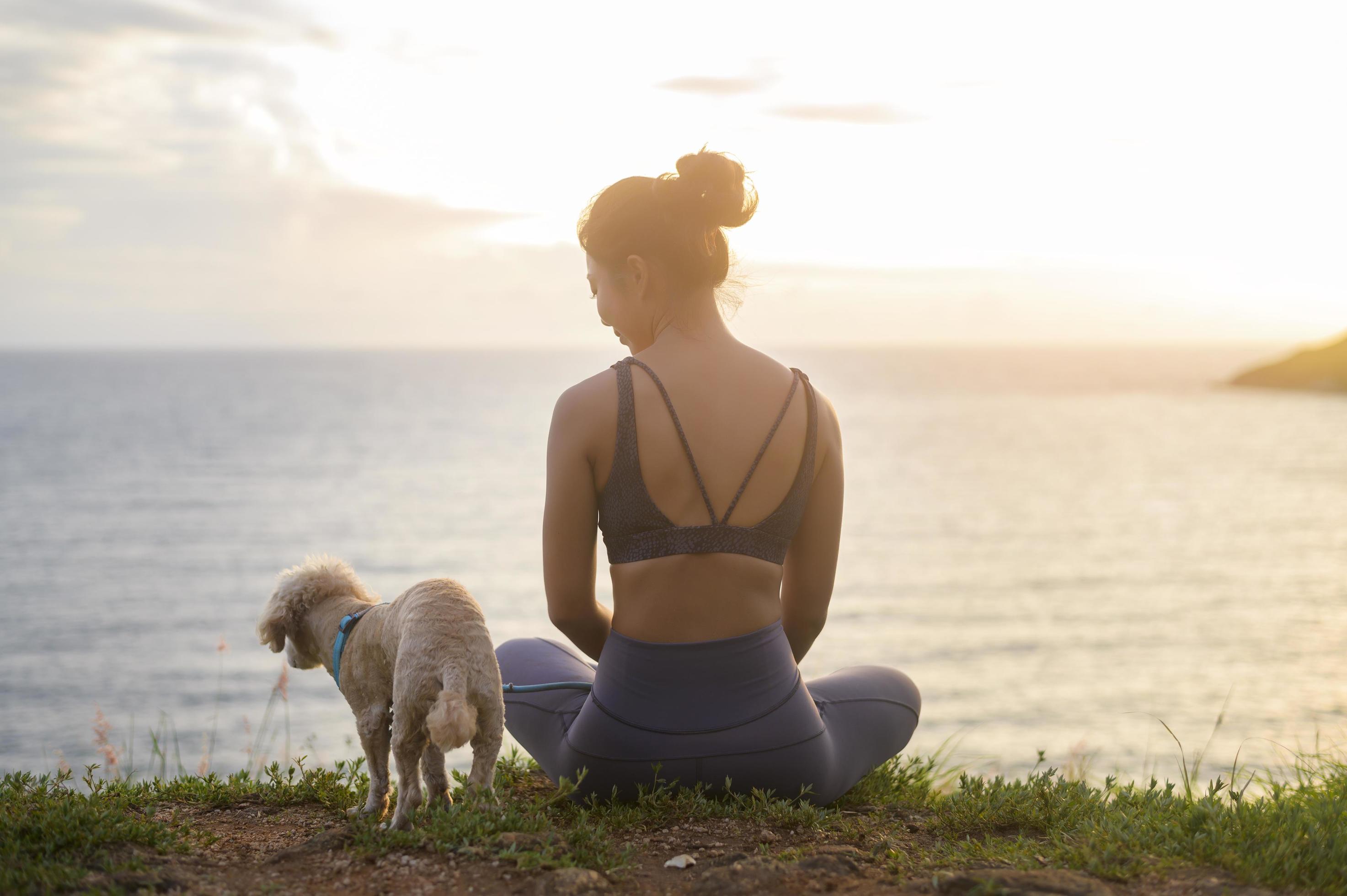 Young Beautiful woman with her dog enjoying and relaxing on the seaside during sunset, Summer, vacation, holidays, Lifestyles concept. Stock Free