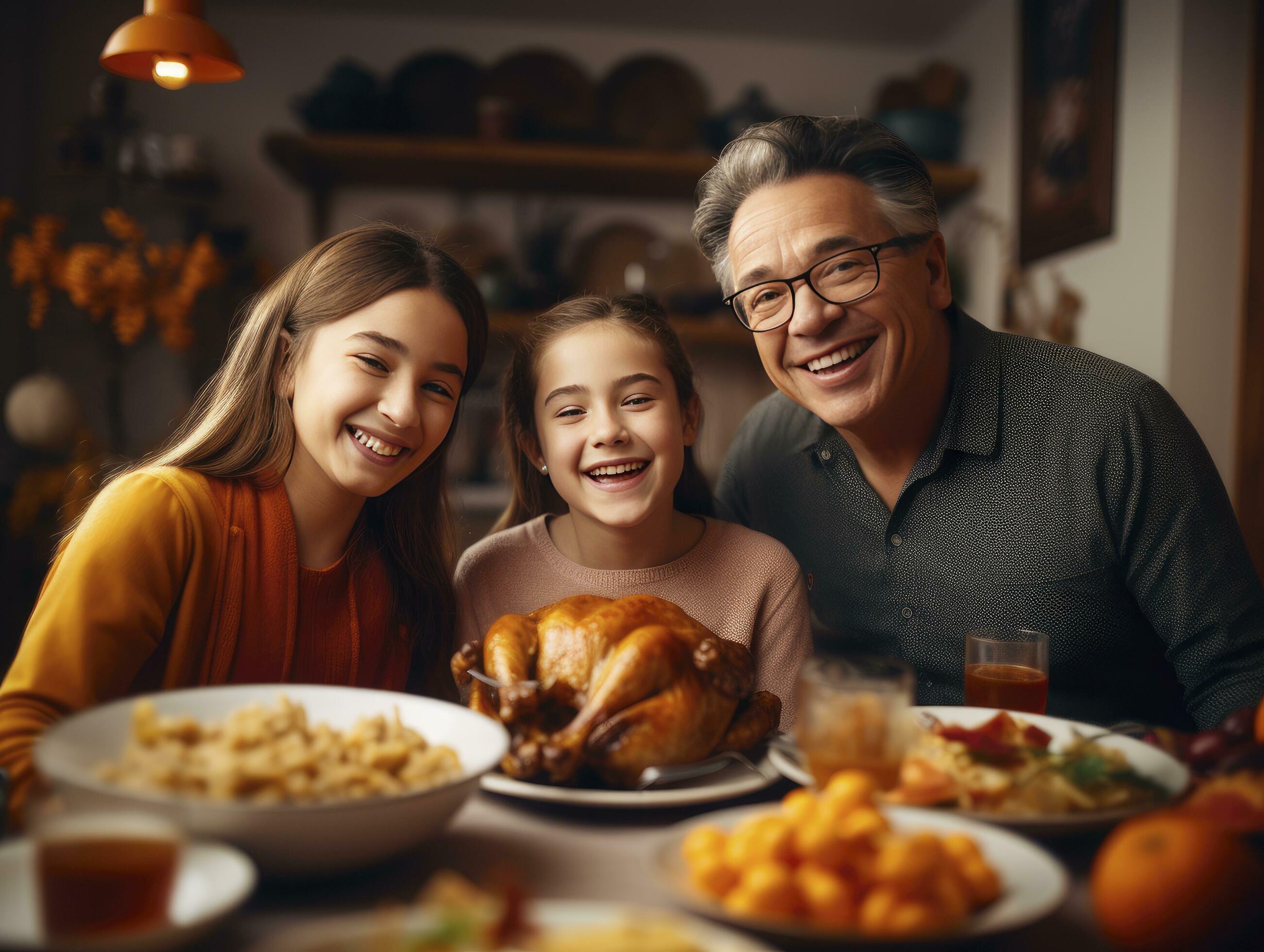 A Happy Family Christmas or Thanksgiving Dinner with Roasted Turkey, AI Generative Stock Free