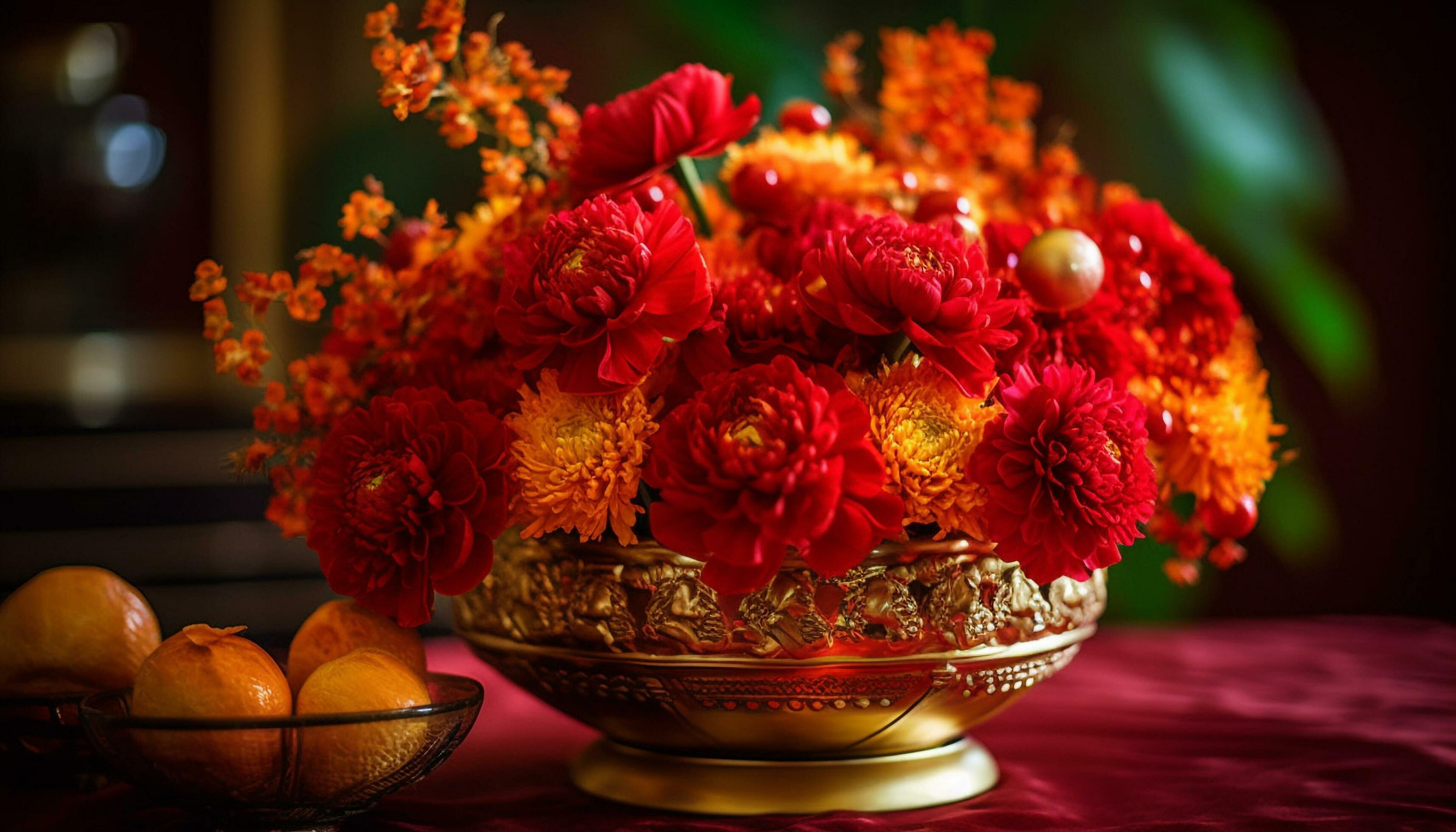 A rustic flower arrangement in a multi colored fruit bowl generated by AI Stock Free