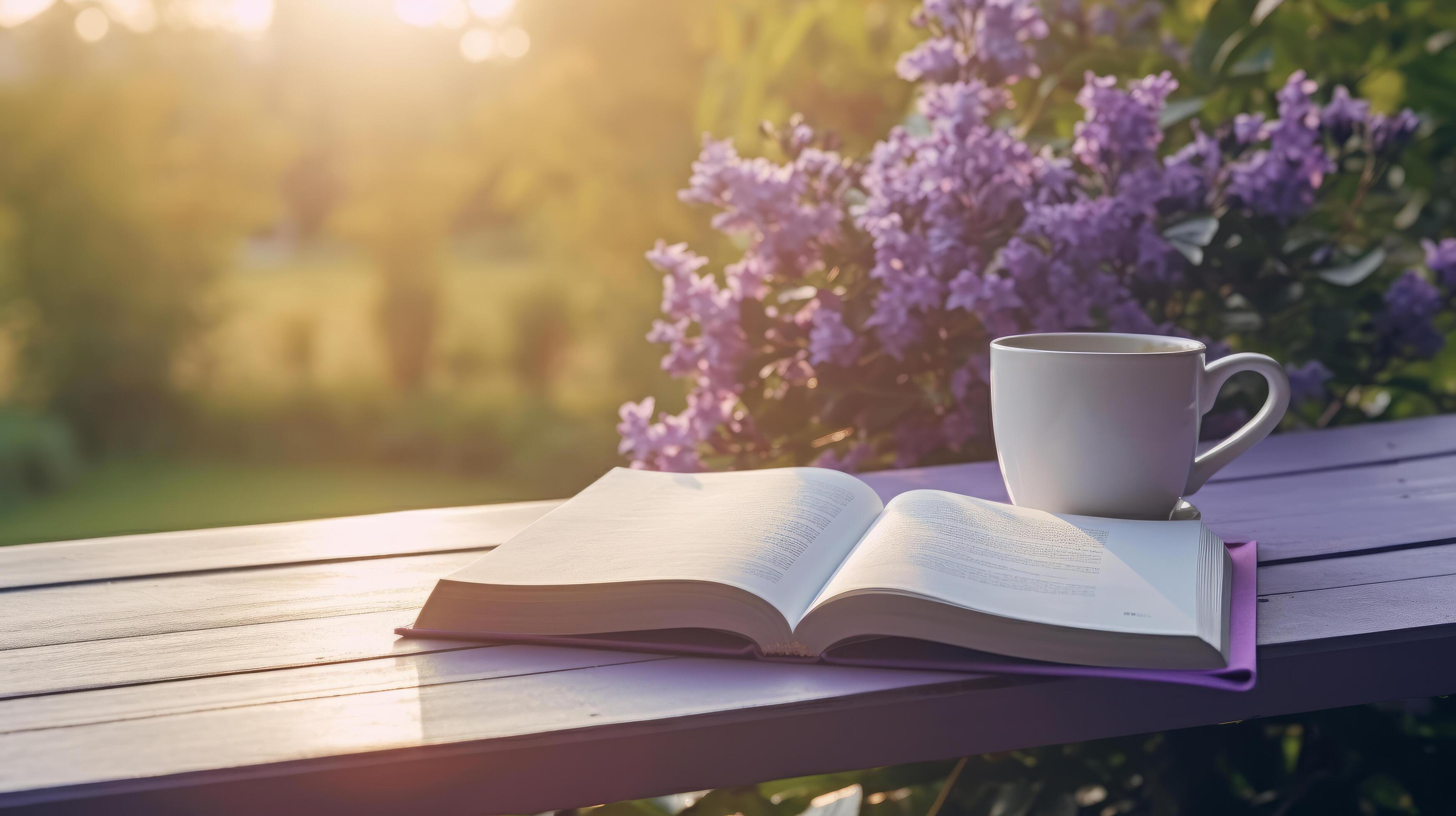 Cup of coffee with book and Lilly flowers. Illustration Stock Free