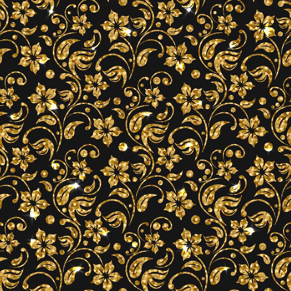 Vector seamless damask pattern with flowers. Golden glitter pattern design. Gold floral background. Stock Free