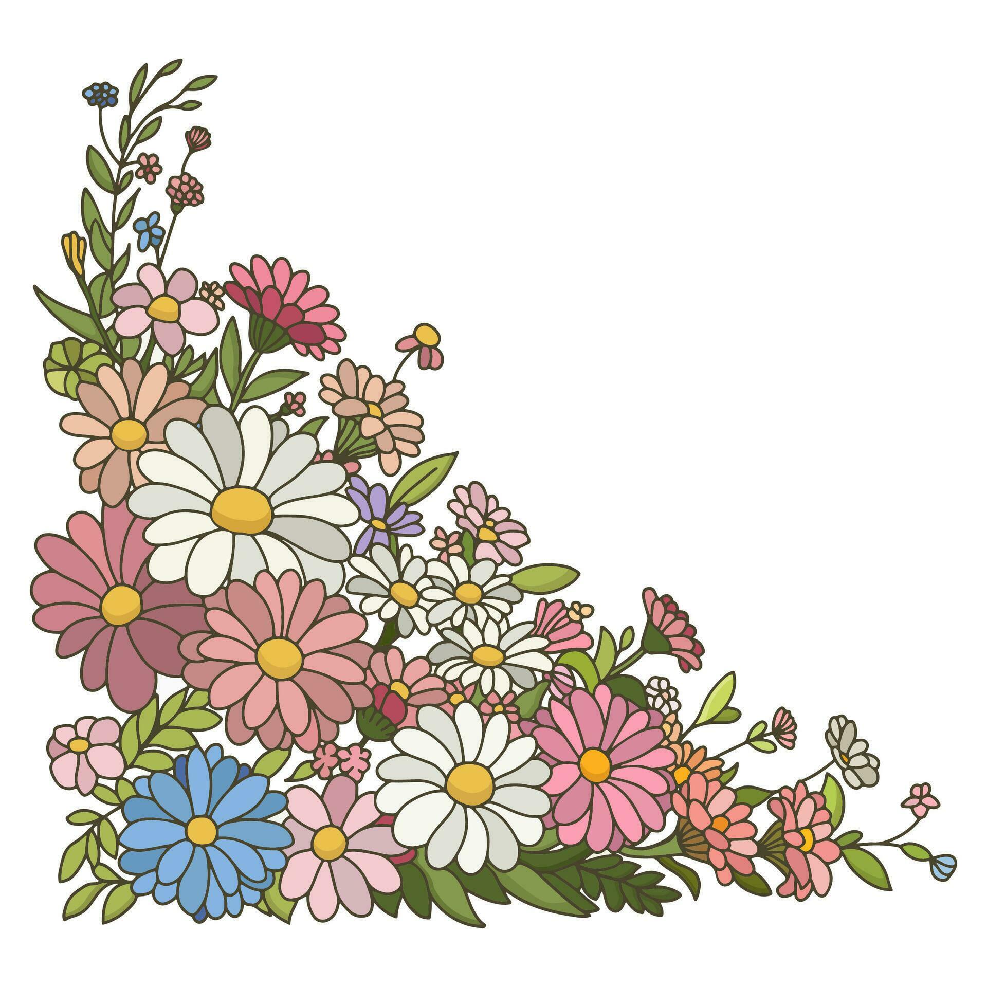 corner of bunch of flowers with copy space. border frame. cartoon style. Vector illustration. Stock Free