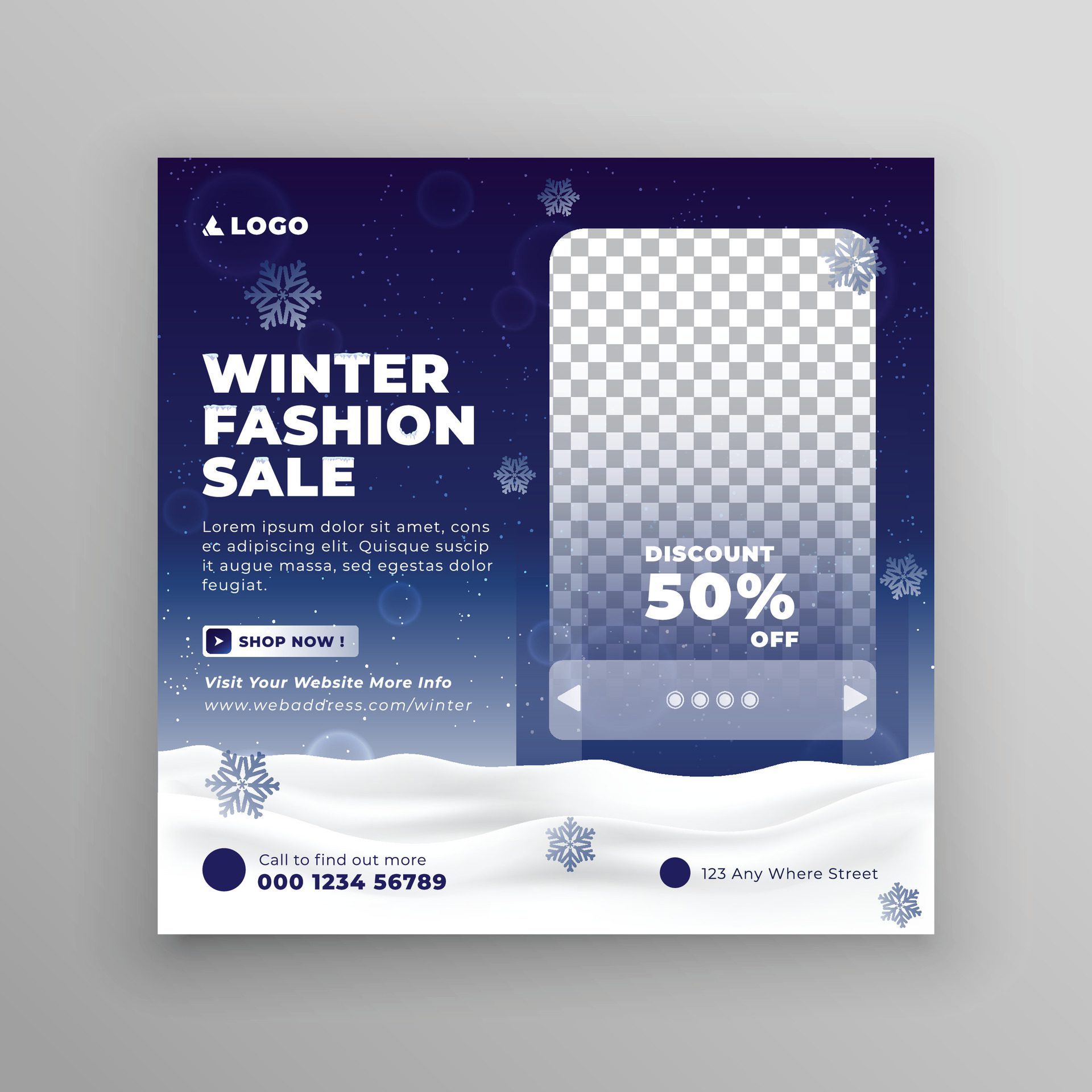 Winter Sale square template set for ads posts in social media. Colorful winter banners. Winter scenes banner design and web ads. illustration. Free Vector