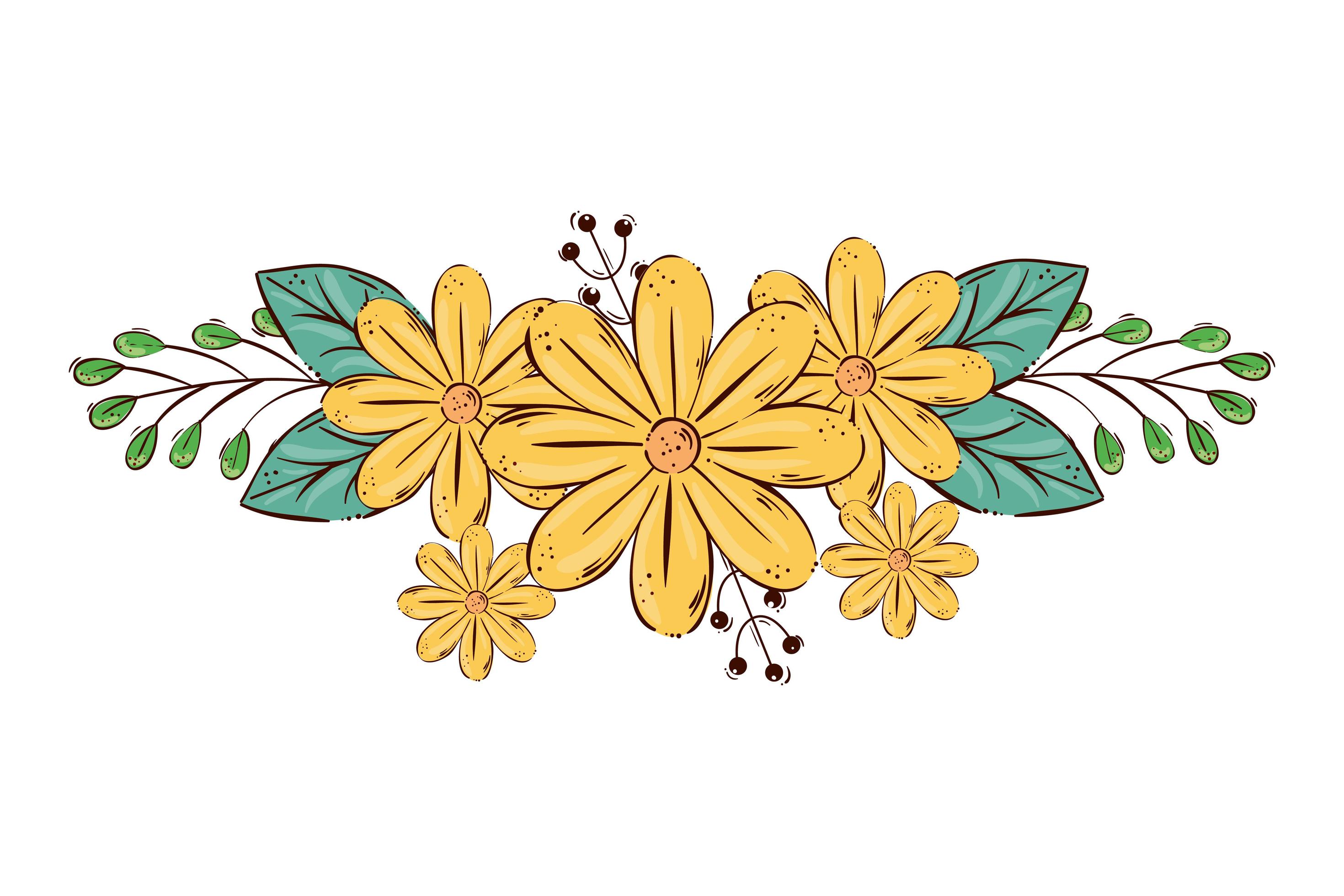 cute flowers yellow color with branches and leafs isolated icon Stock Free