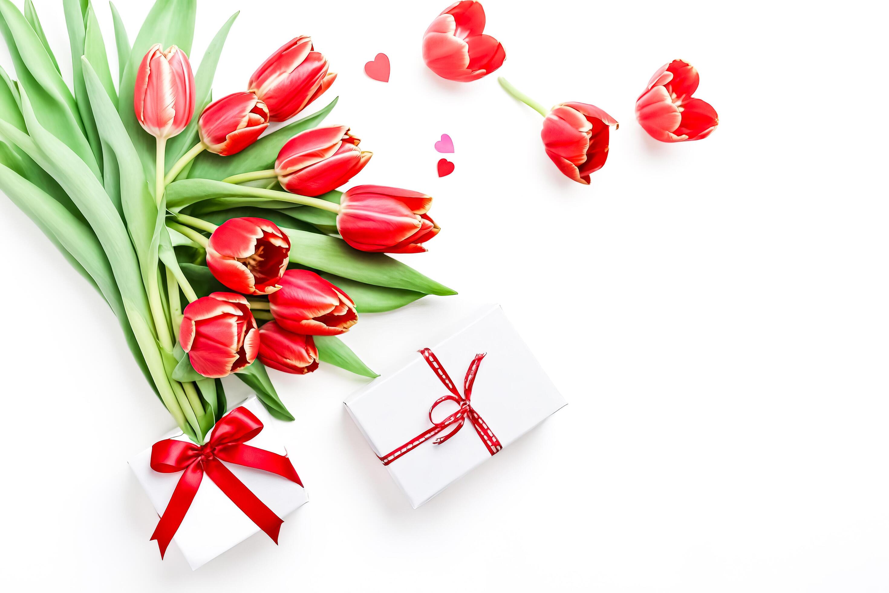 Red Tulips and Gifts on White Background Stock Free