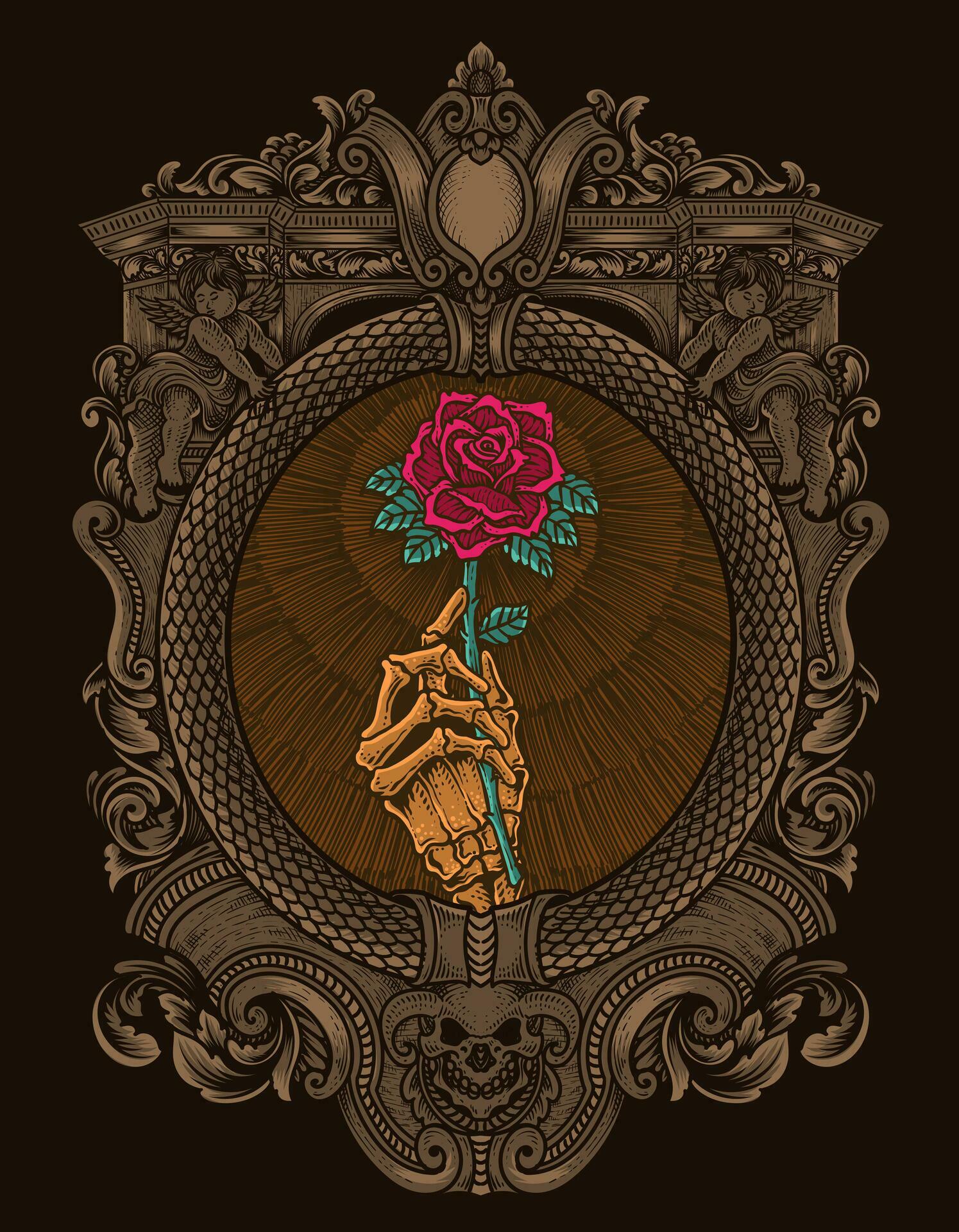 Illustration vector skull holding rose flower with engraving ornament frame Stock Free