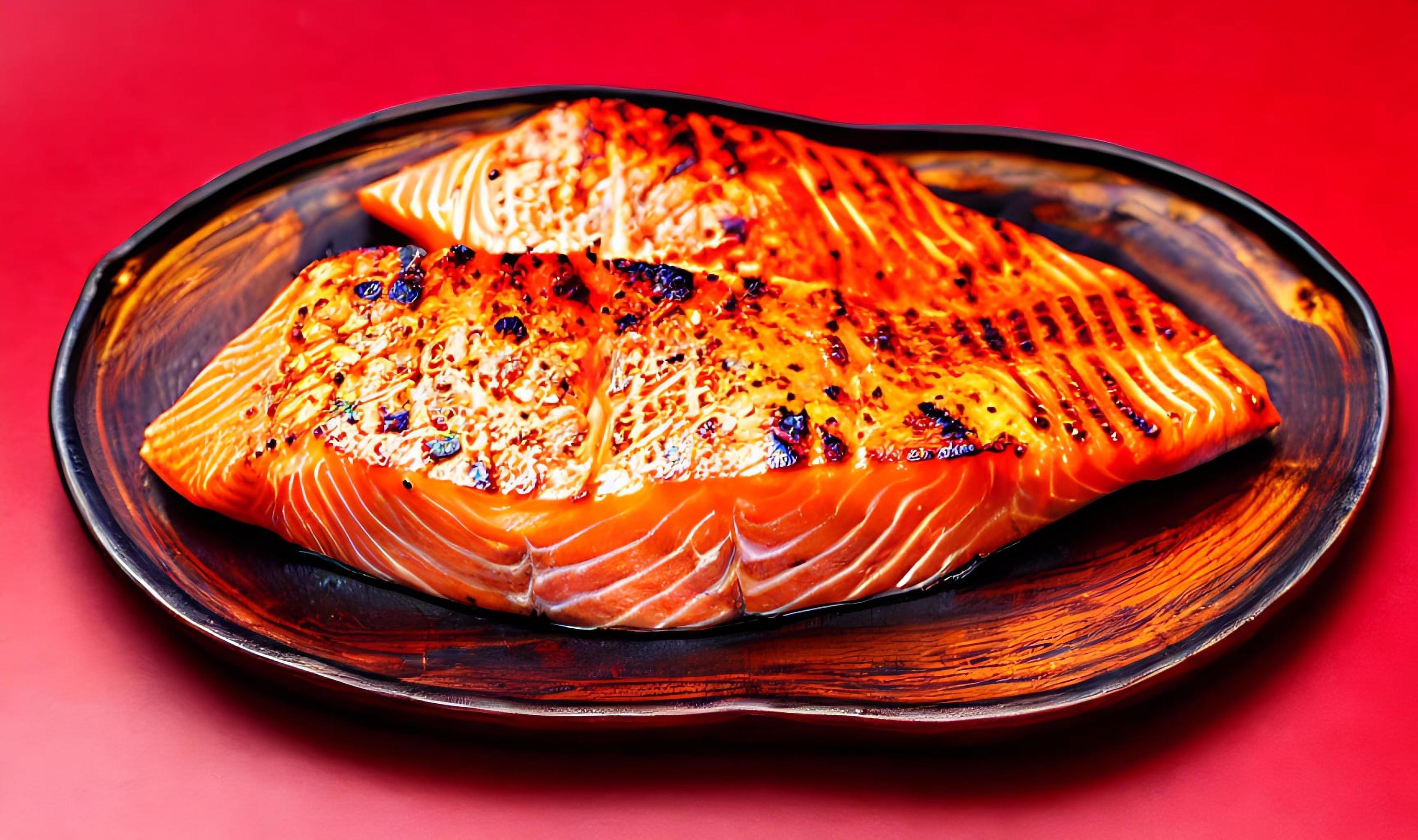 Grilled salmon. Healthy food baked salmon. Hot fish dish. Stock Free