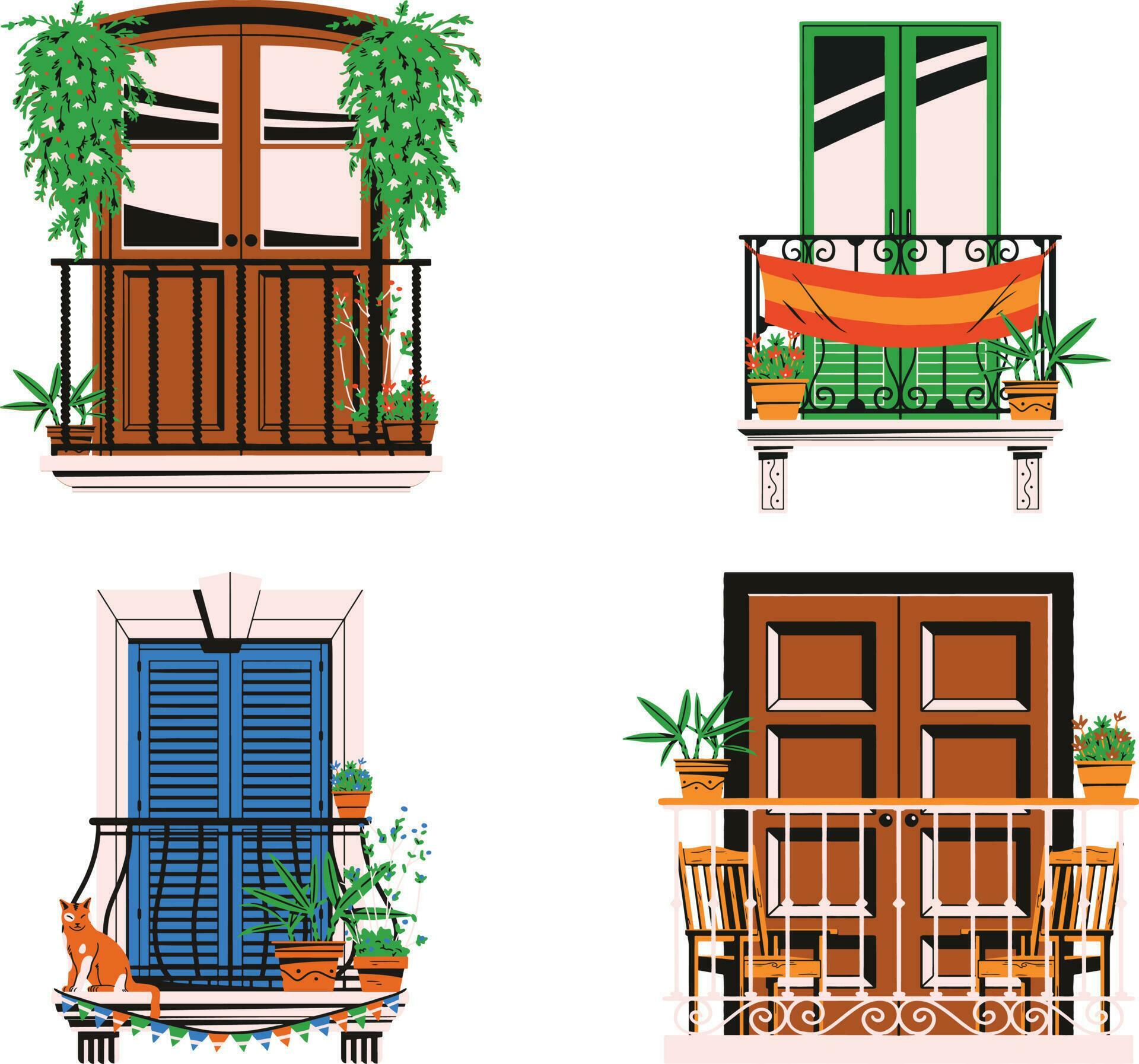 Set of balcony with flowers and plants. Vector illustration in flat style Stock Free