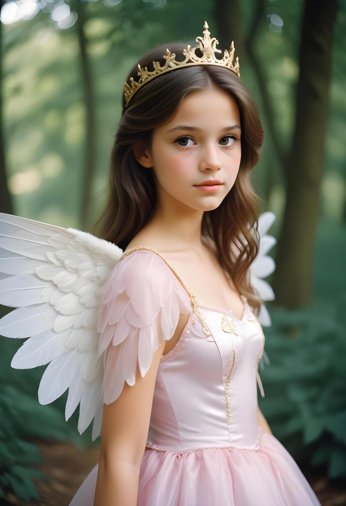 A beautiful young girl wearing a pink dress with angel wings in forest background Stock Free