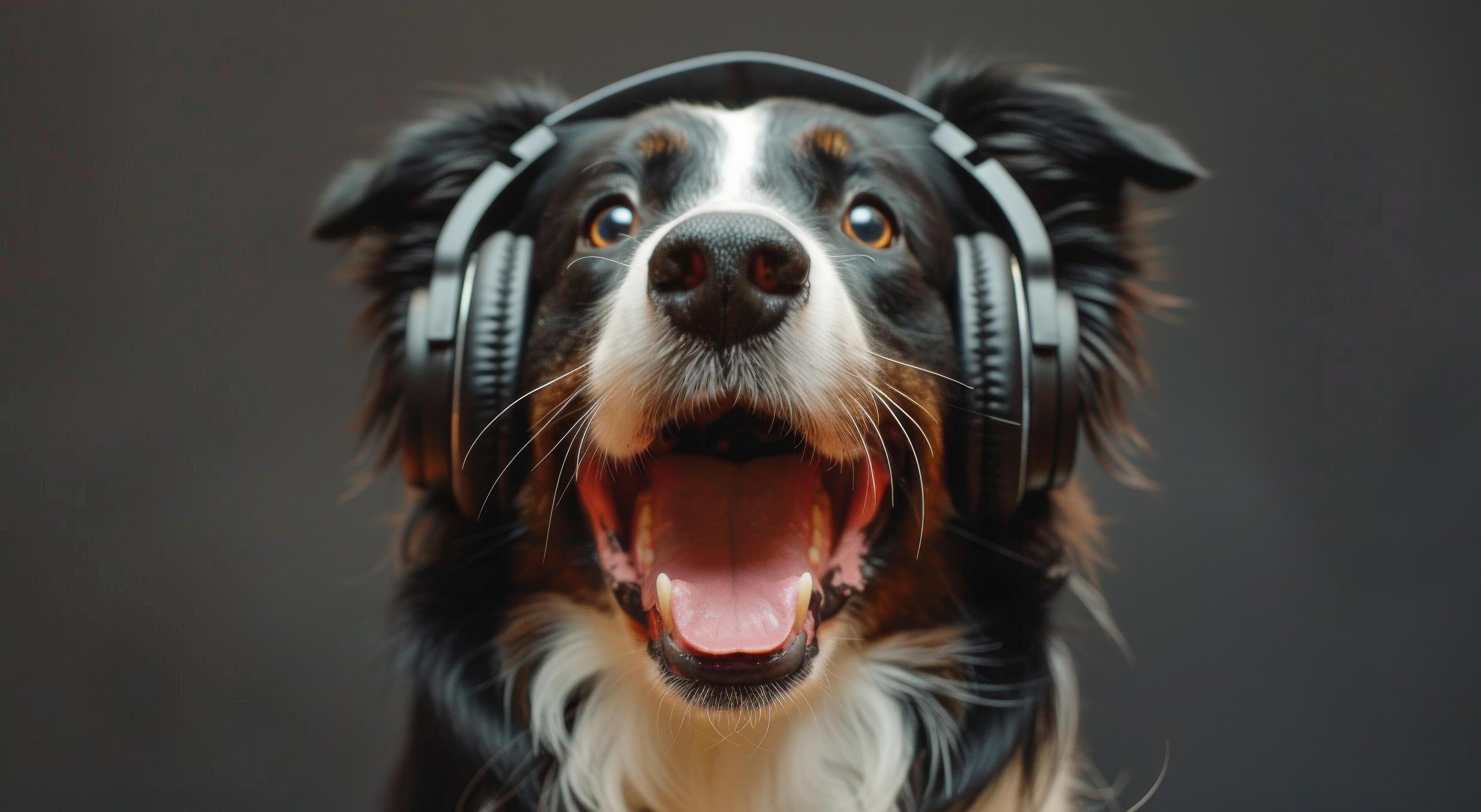 Golden Retriever Dog Wearing Headphones and Smiling Stock Free