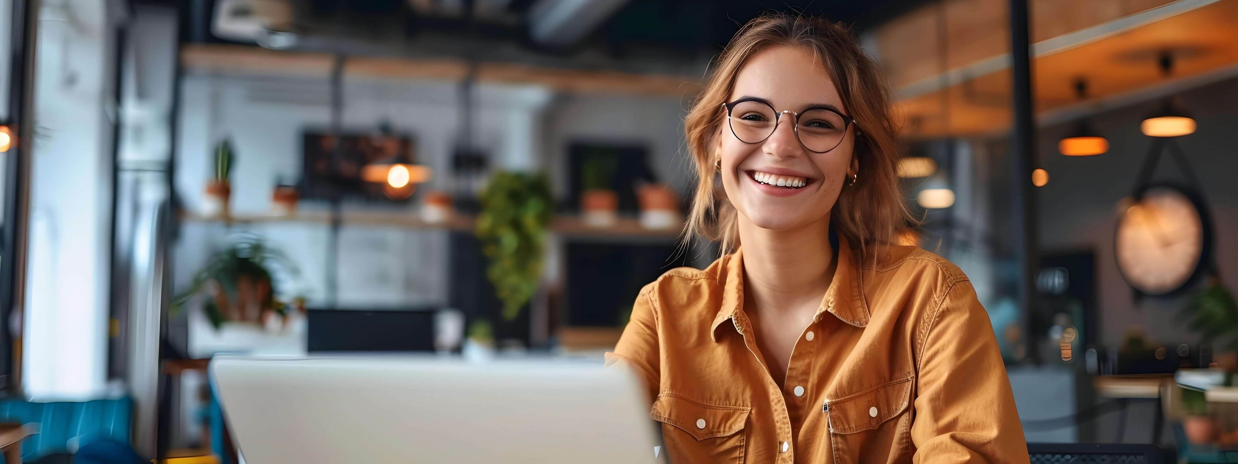 Cheerful Young Woman Entrepreneur Working on Laptop in Cozy Office Stock Free