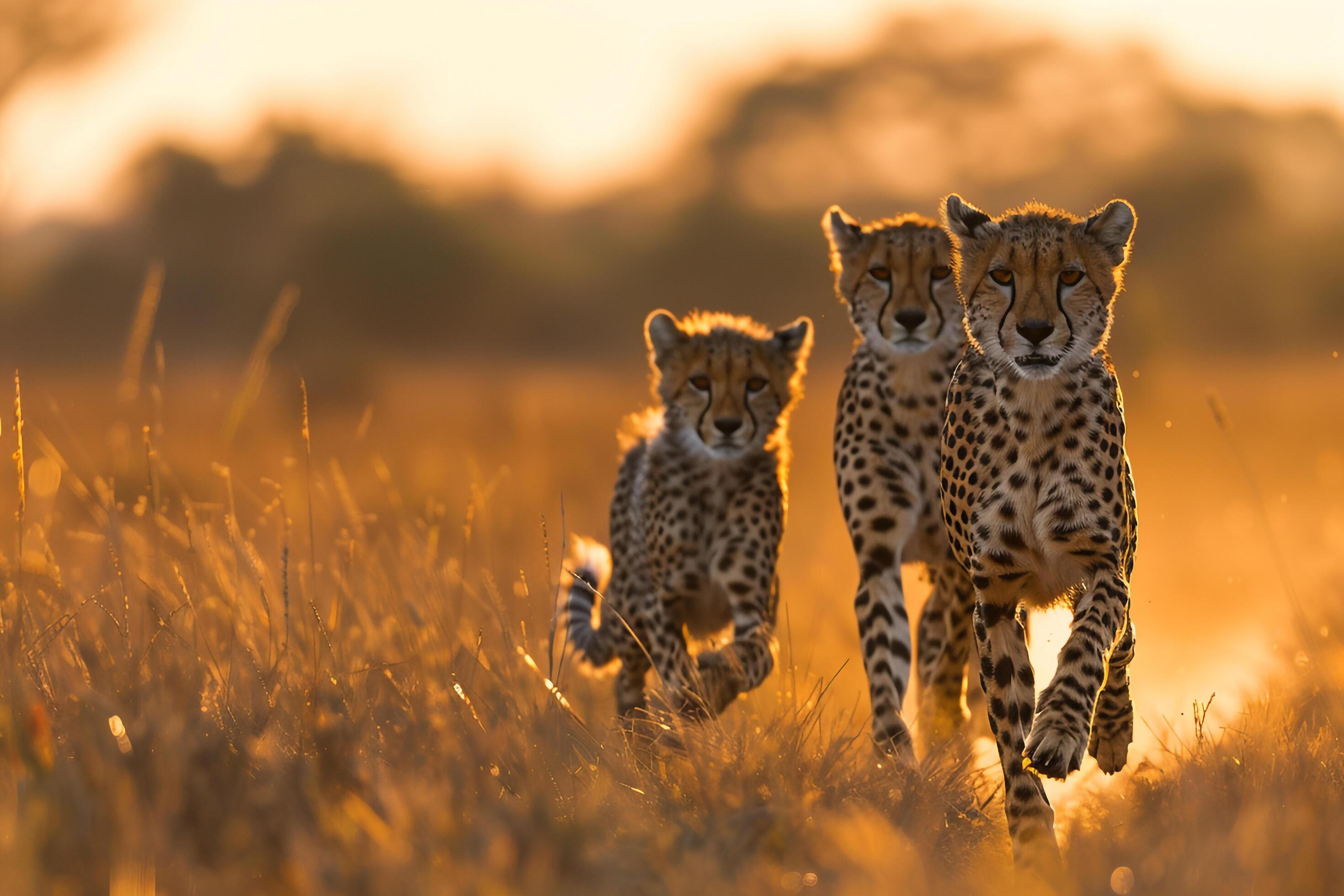 Family of Cheetahs Sprinting Across the Savannah During Golden Hour Background Stock Free