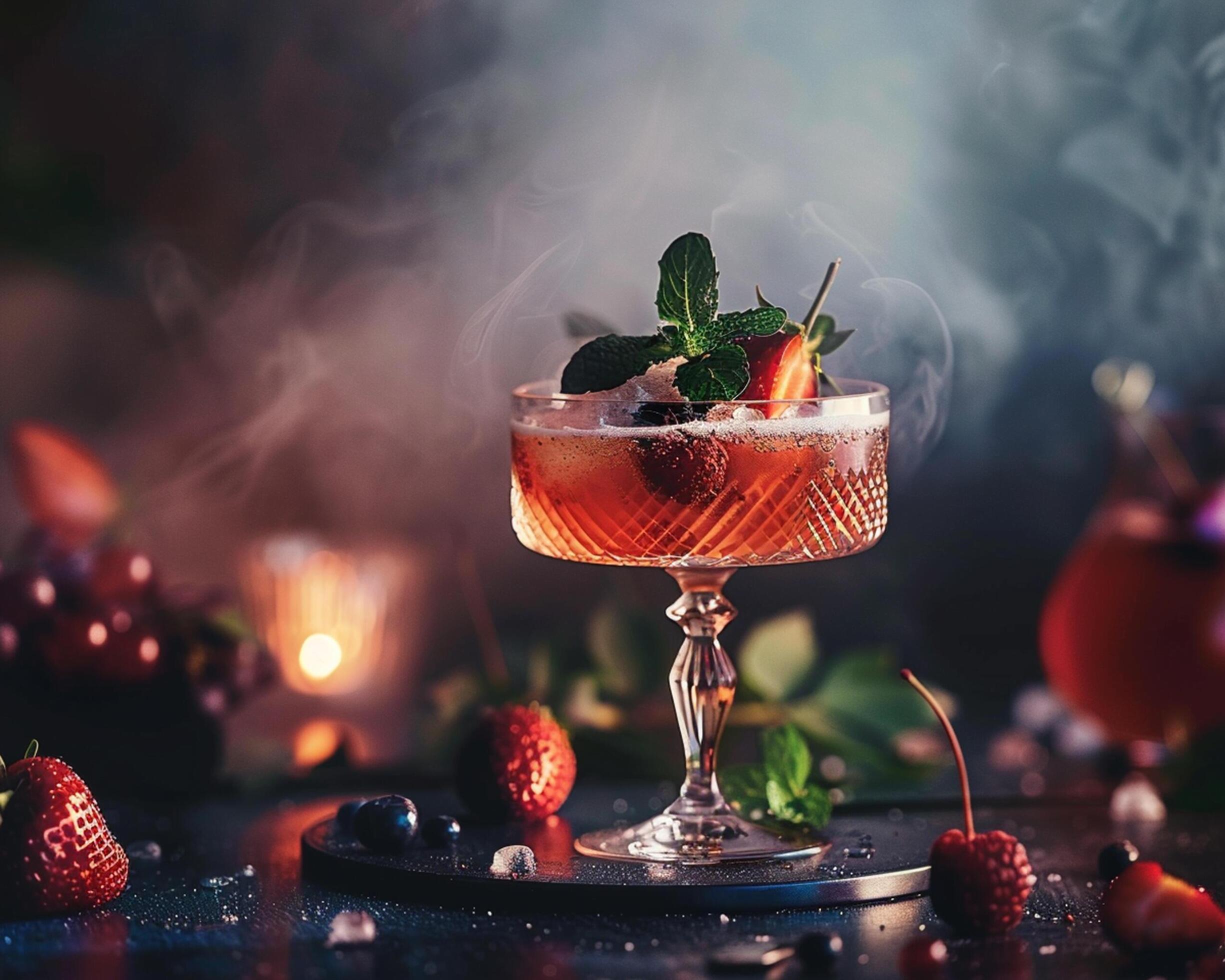 cocktail with berries and mint on a table Stock Free