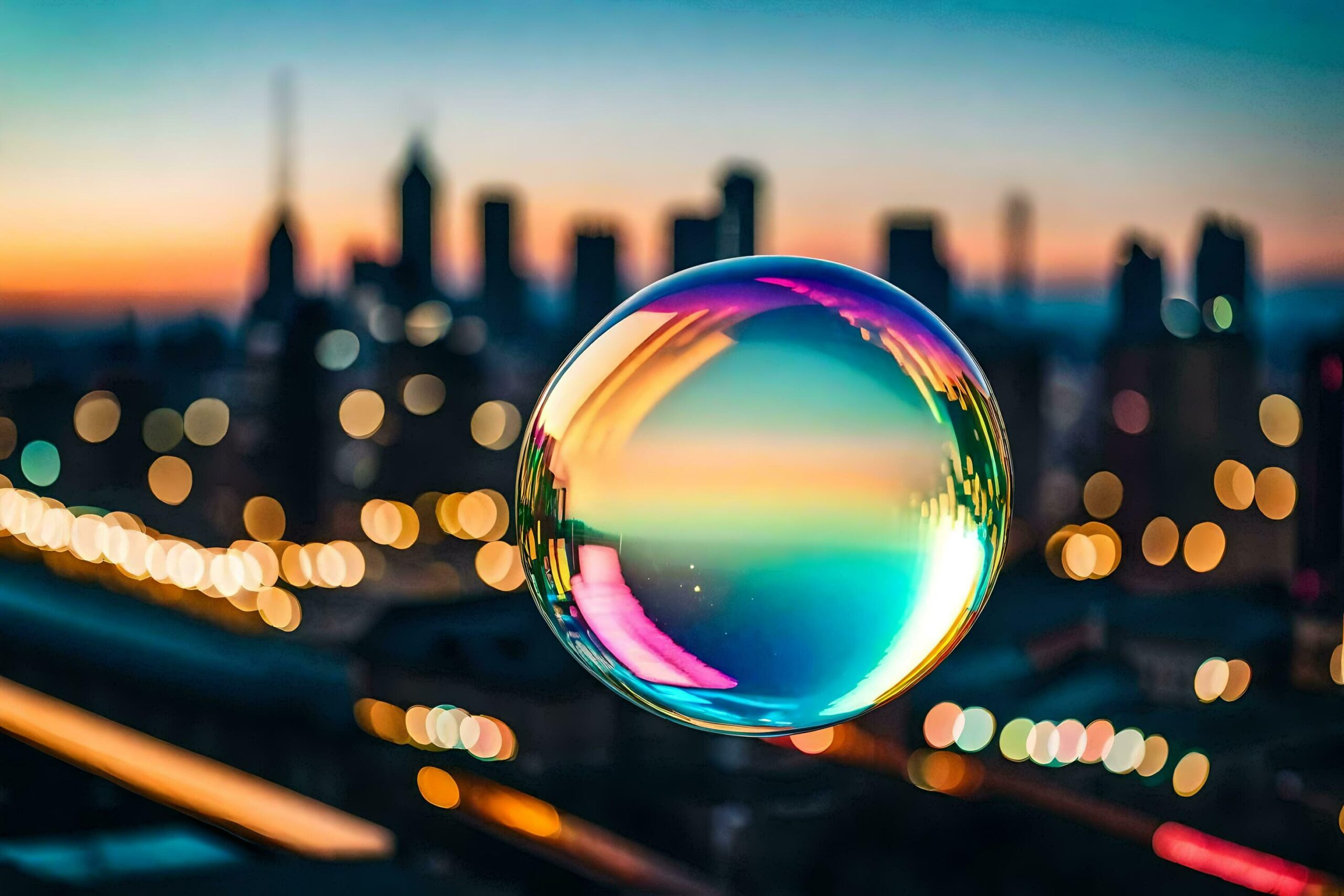 a colorful bubble floating in front of a city skyline Free Photo