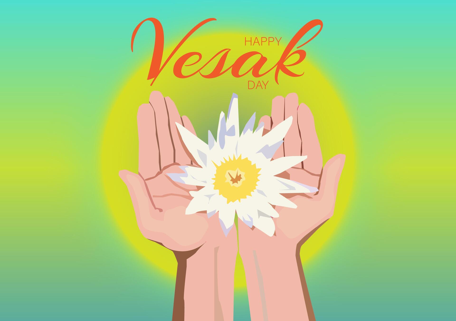 fingers of both hands holding a beautiful lotus flower that is blooming happy vesak day background light green gradient Stock Free