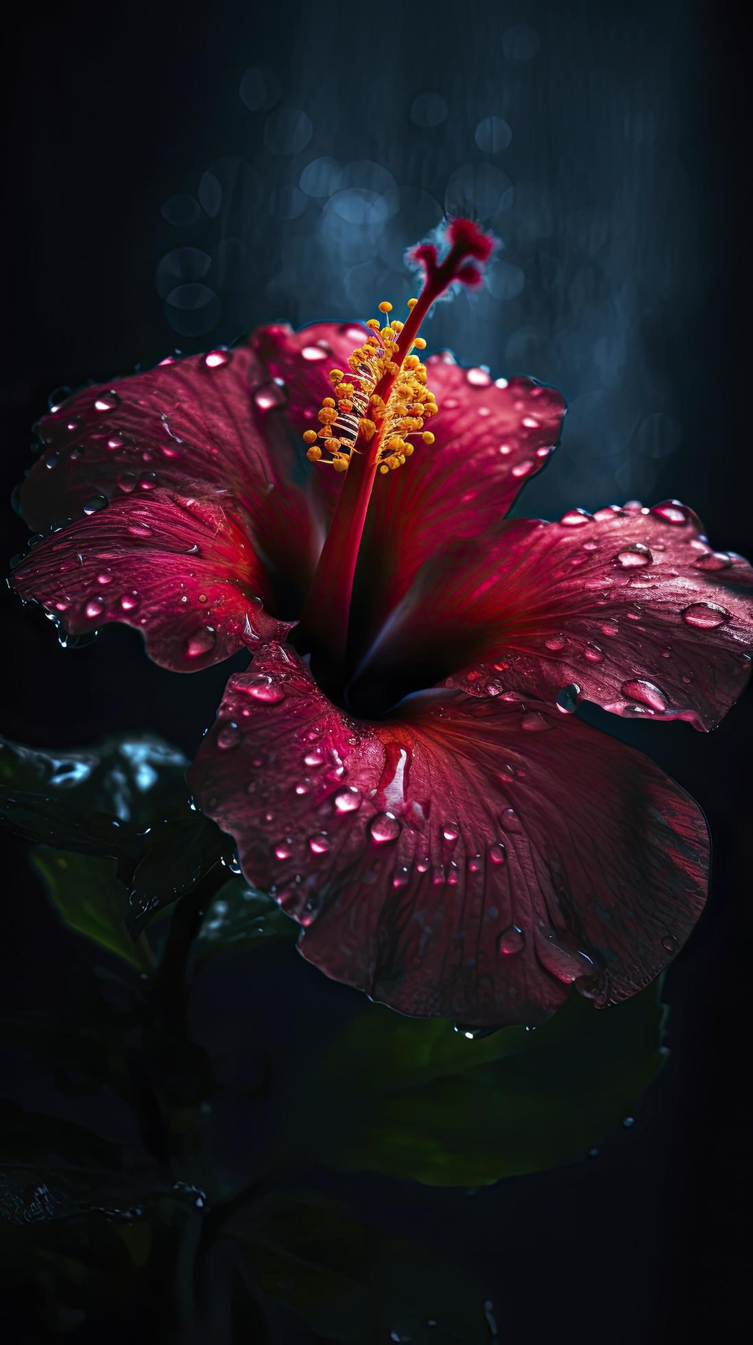 hibiscus flower with water drops with random background, sun rise, Generate Ai Stock Free