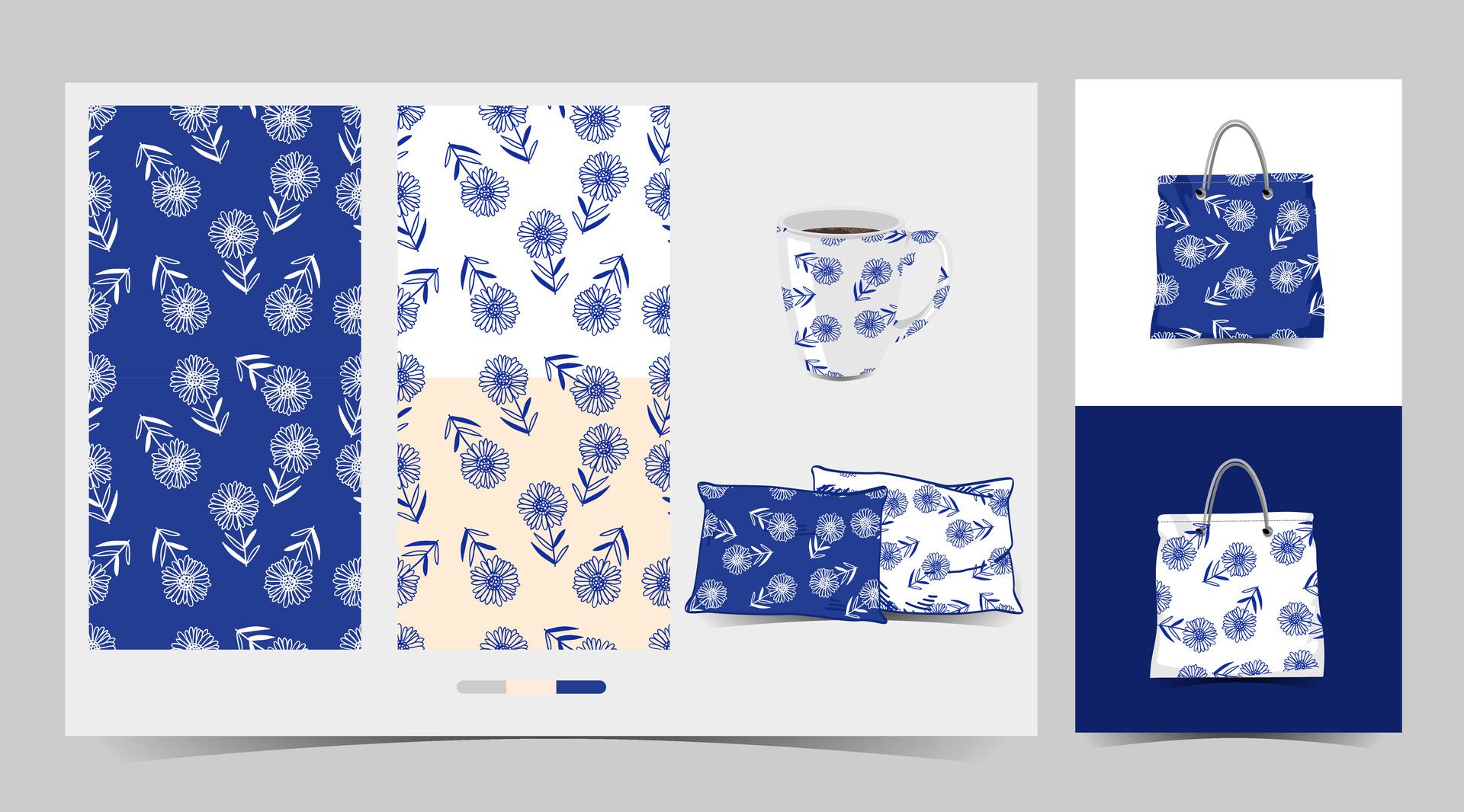 a blue and white pattern floral with a cup and bag Free Vector