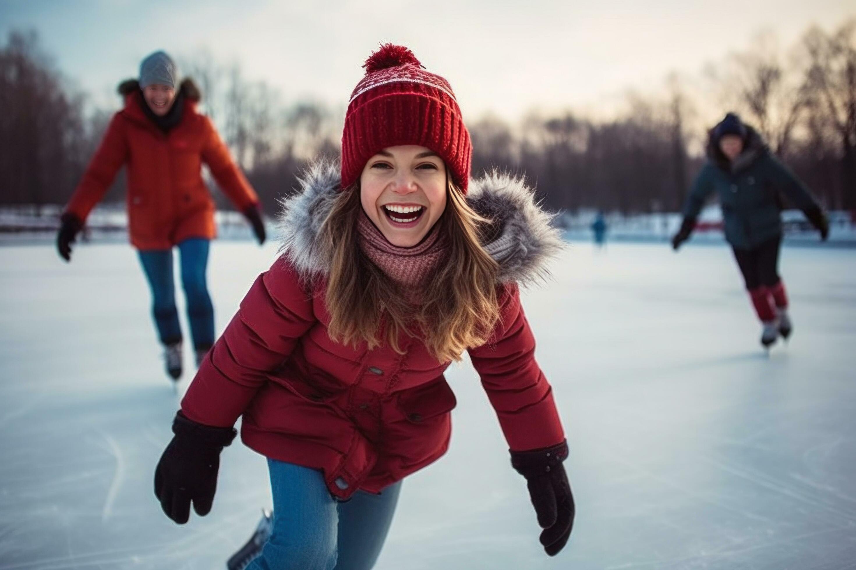 AI generated a young girl is hysterical and enjoying herself on ice rink with her family Stock Free