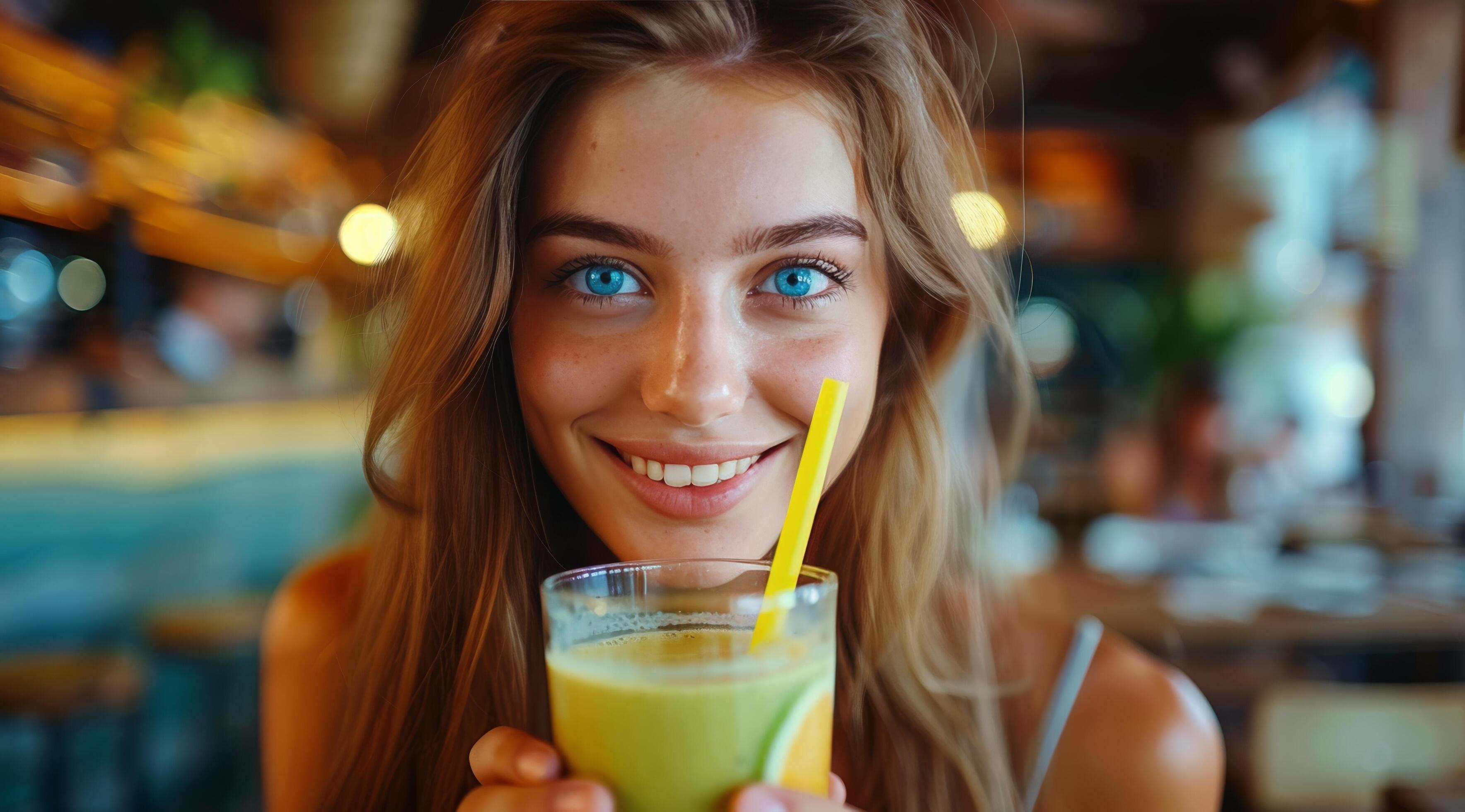 Woman Smiling and Enjoying a Refreshing Green Smoothie at a Cafe Stock Free