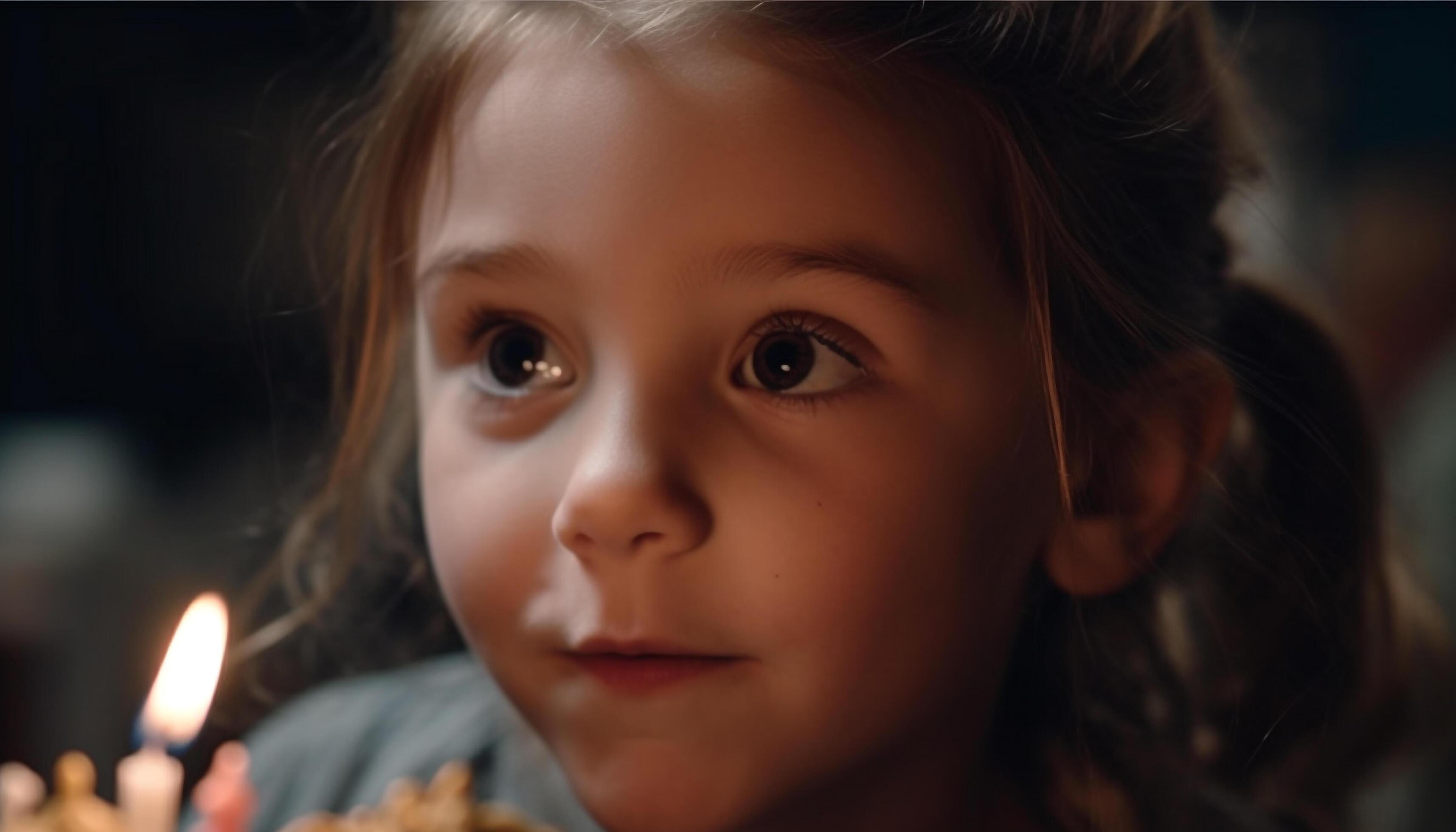 Cute toddler girl smiling, holding candle flame, enjoying family celebration indoors generated by AI Stock Free