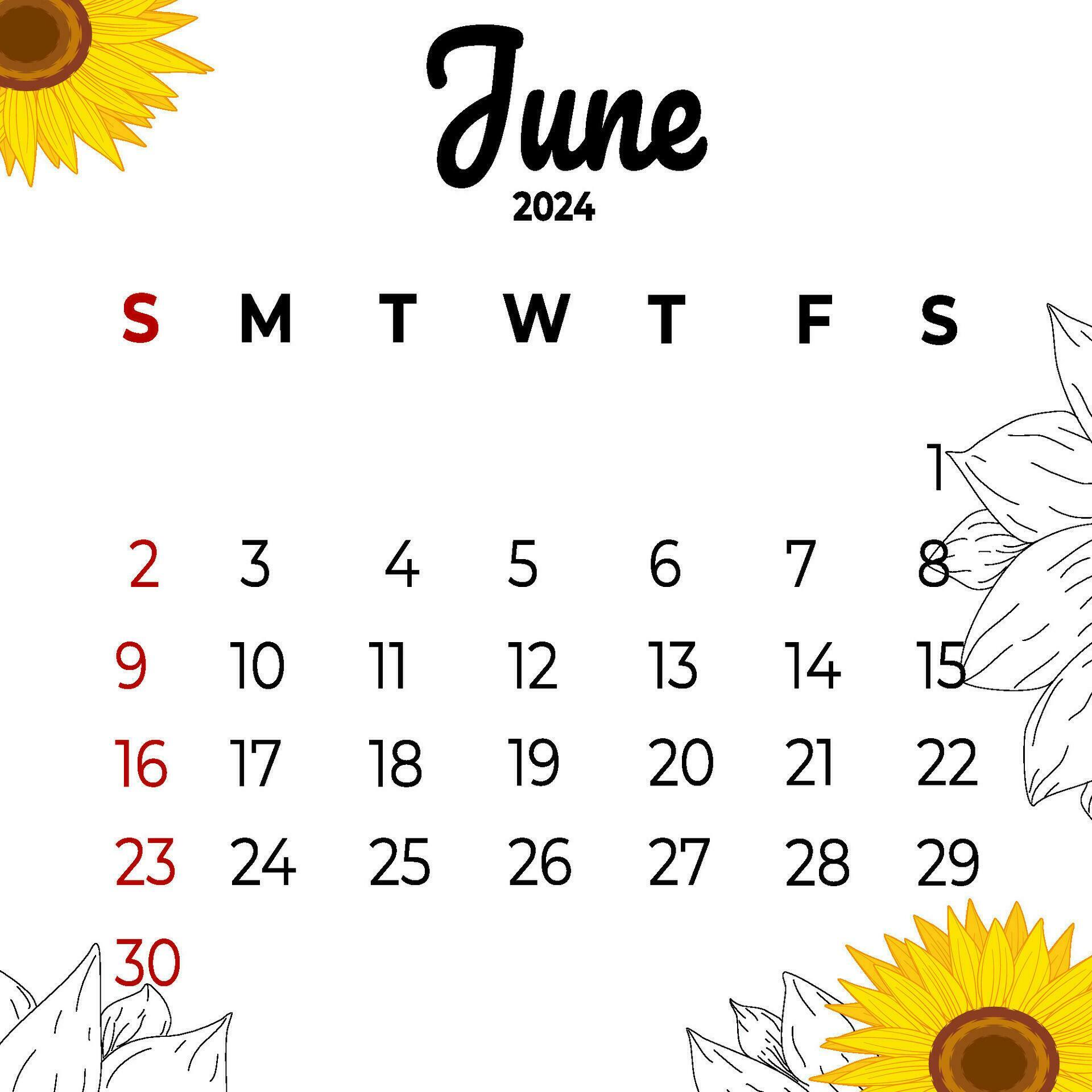 calendar June 2024 with aesthetic flowers Stock Free and Free SVG