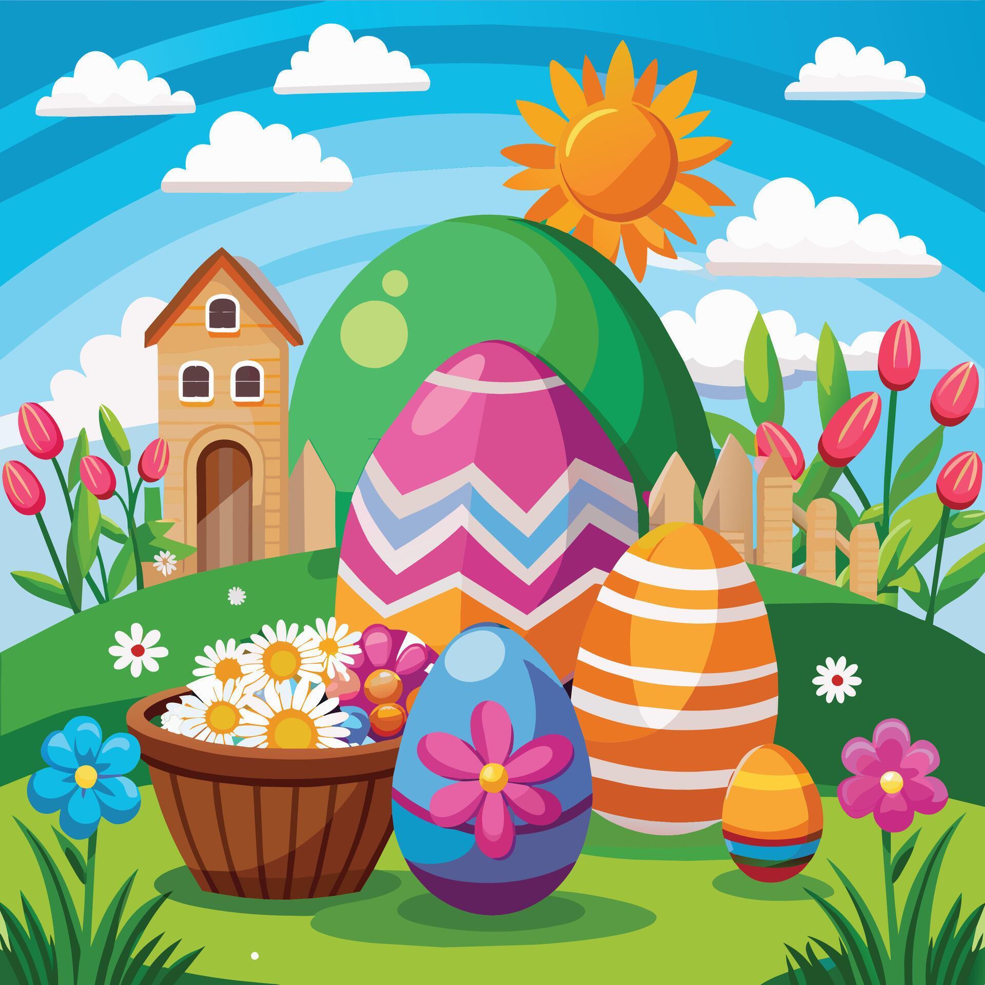 Easter eggs and flowers in the garden vector illustration graphic design. Stock Free