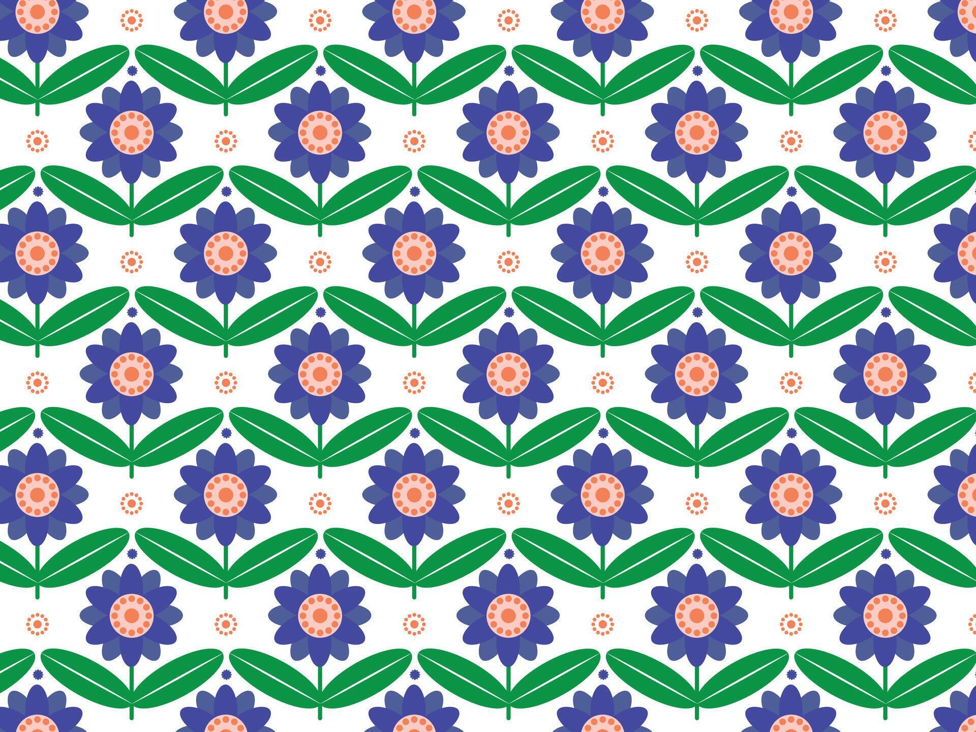 Seamless pattern with blue flowers and green leaves on a white background Stock Free